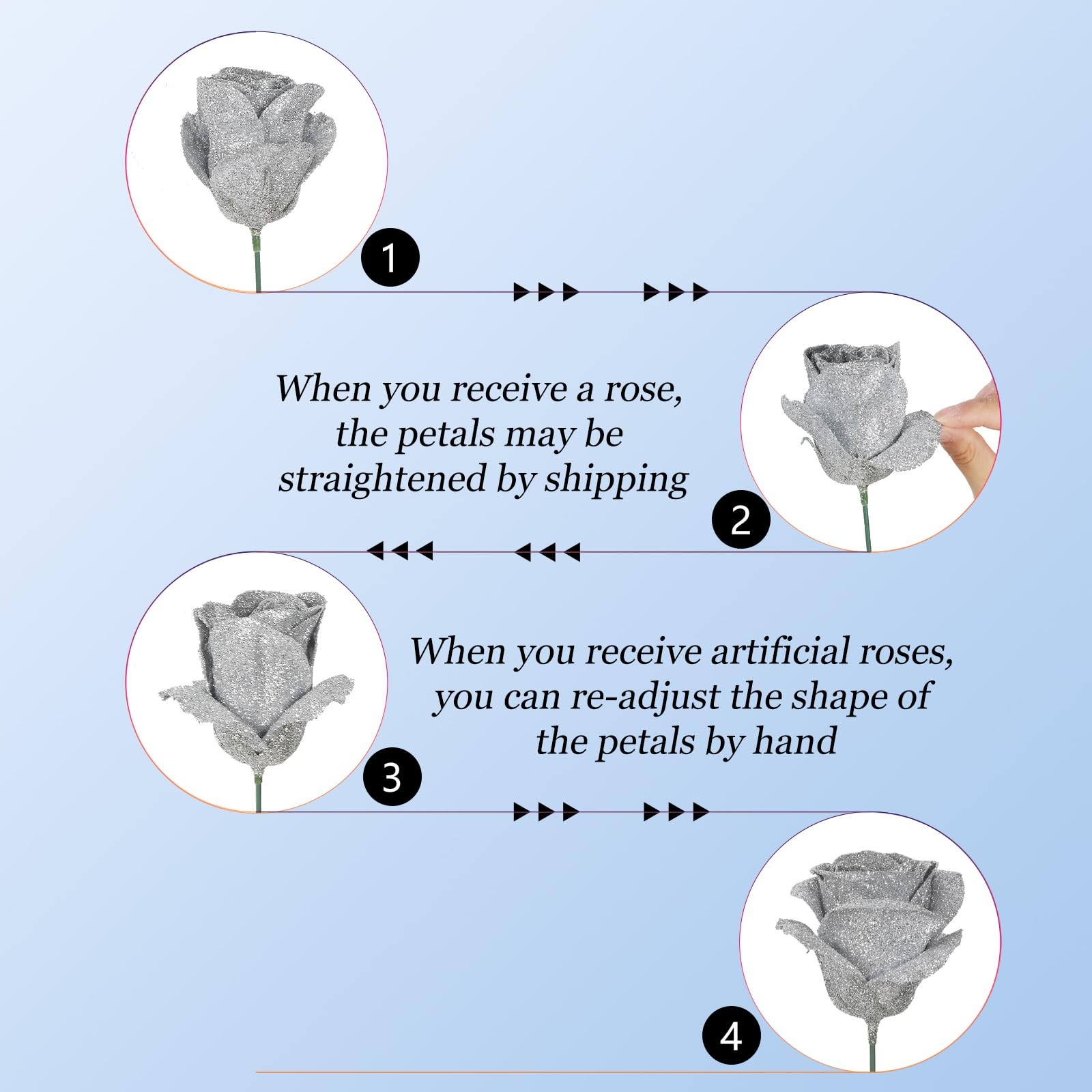 30 PCS Silver Artificial Roses Fake Glitter Silk Flowers for Wedding Decor