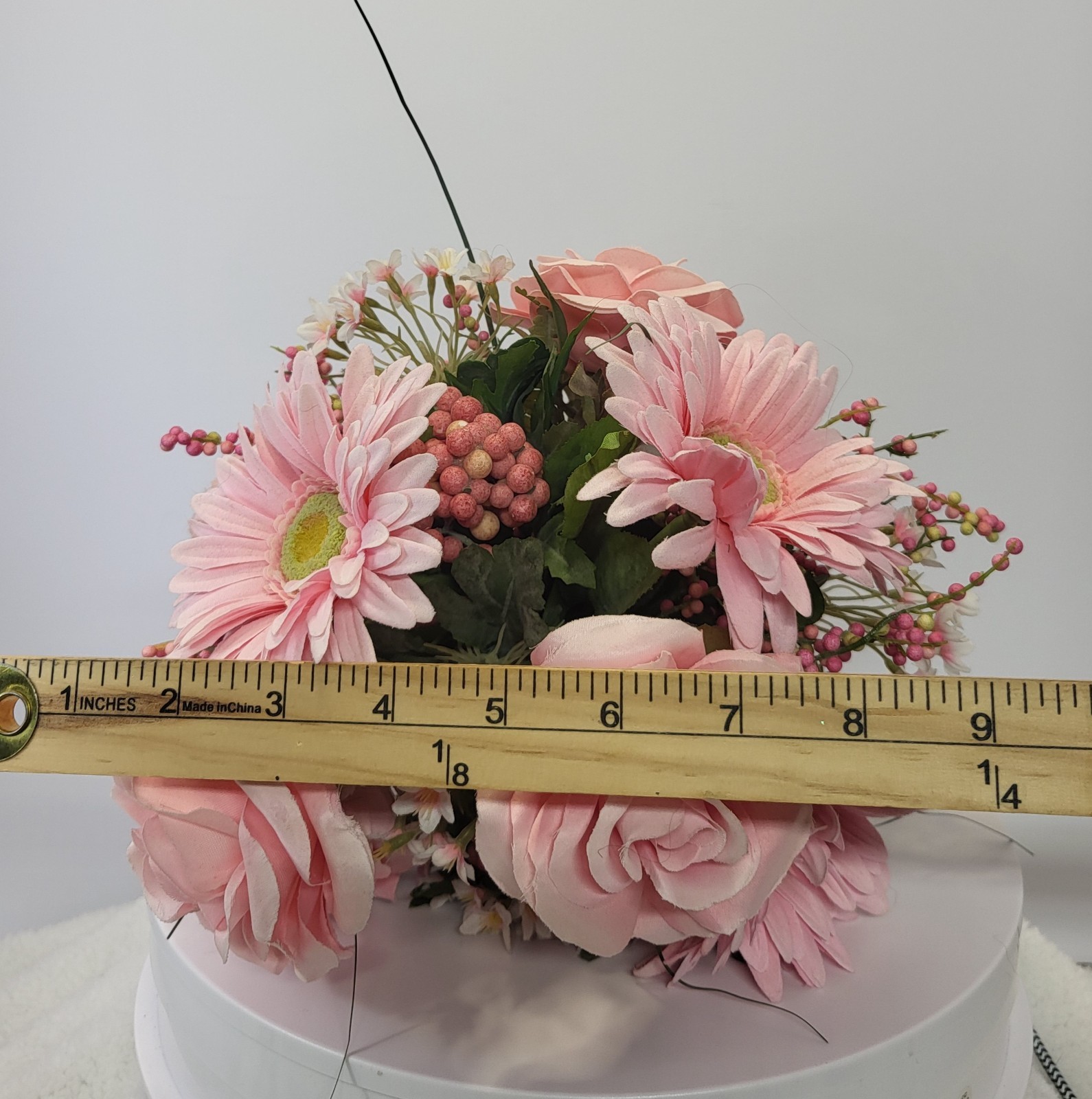 Artificial Pink Bouquet with Gerbera Daisies Roses Filler Berries Wrapped Stem