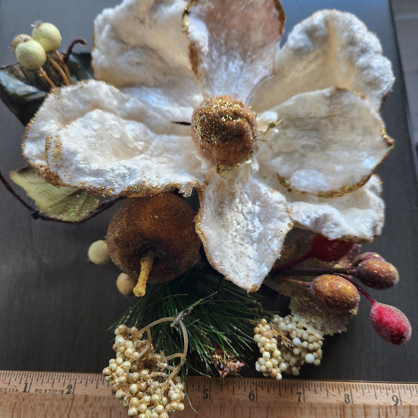 Set of 3 Gold Glittered Artificial Soft White Magnolia Sprays Fruit Berries