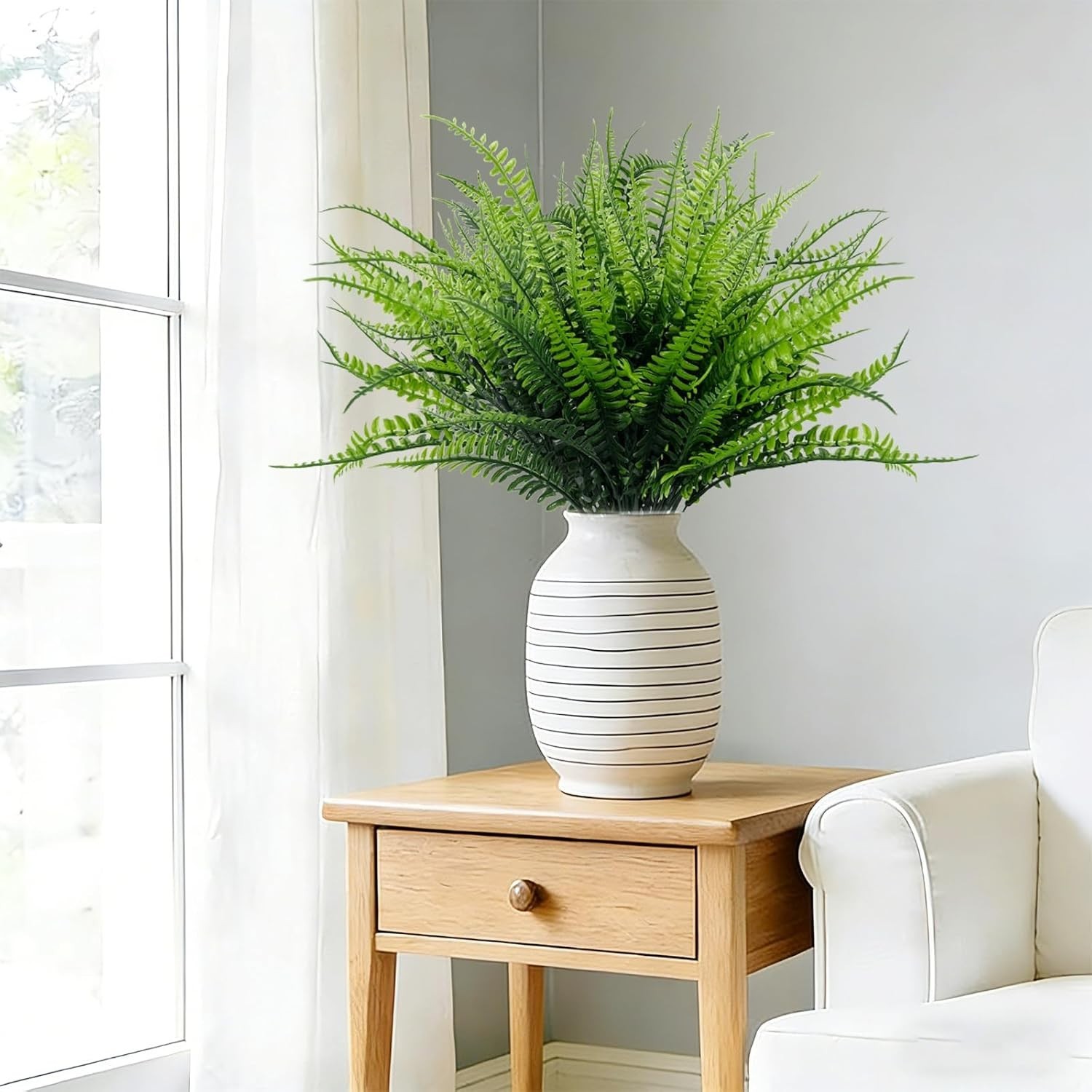 Turnmeon Artificial Boston Fern 12 Bundles UV Resistant Green 17in Long Stem
