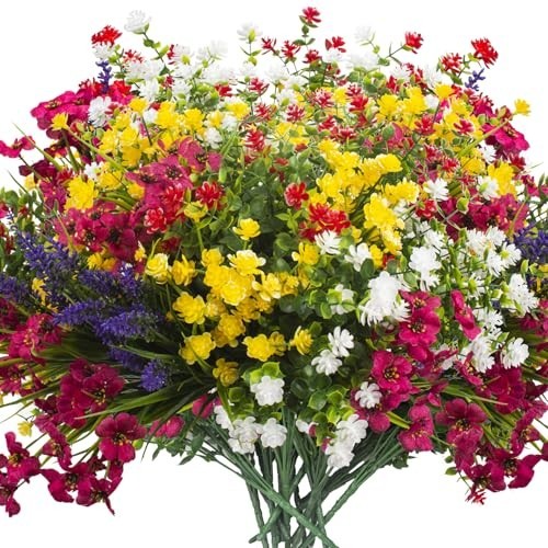 20 Bundles UV Resistant Artificial Flowers – Faux Plastic Plants for Home, Porch