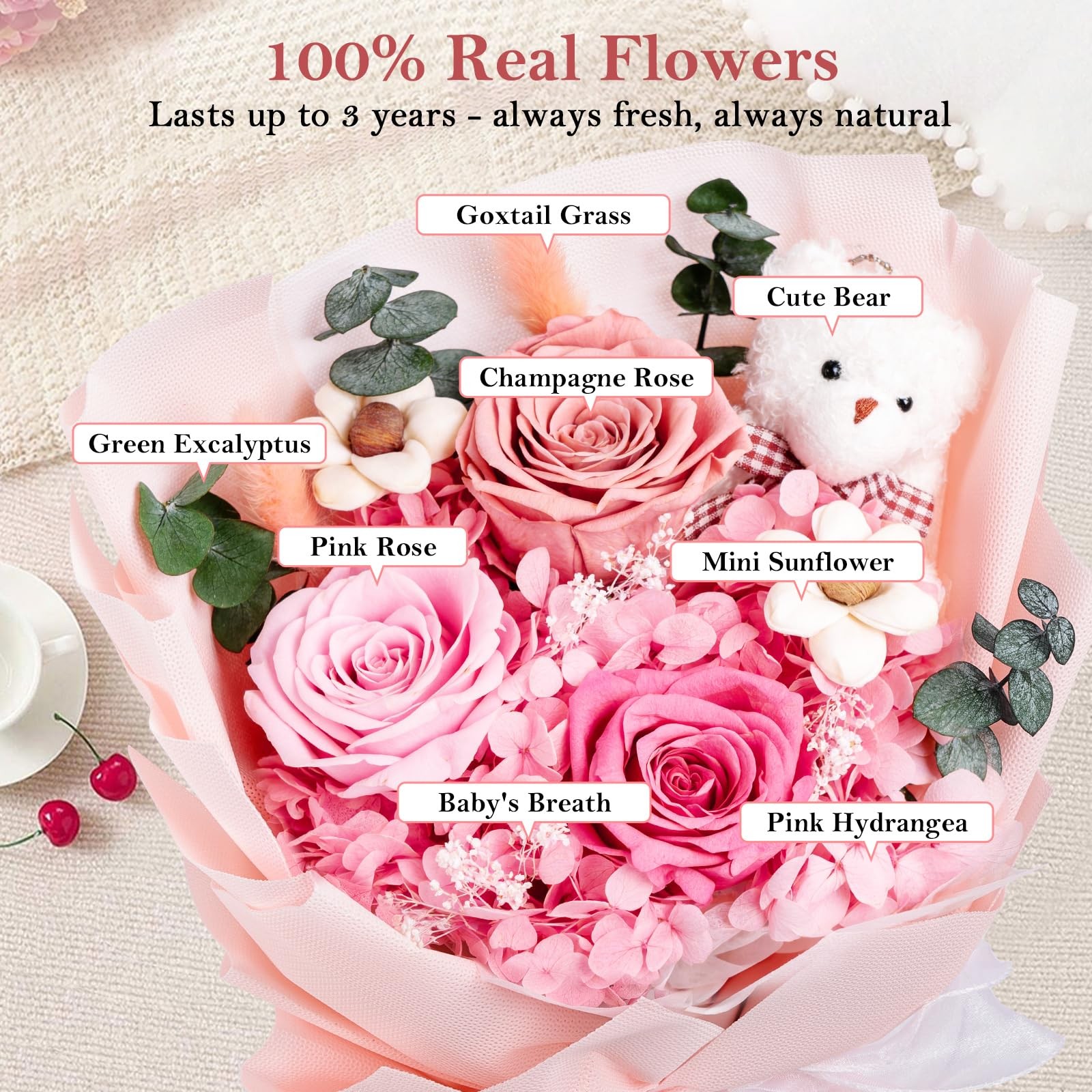 Preserved Flowers Bouquet Bear Forever Eternal Roses Gift Box Birthday Women