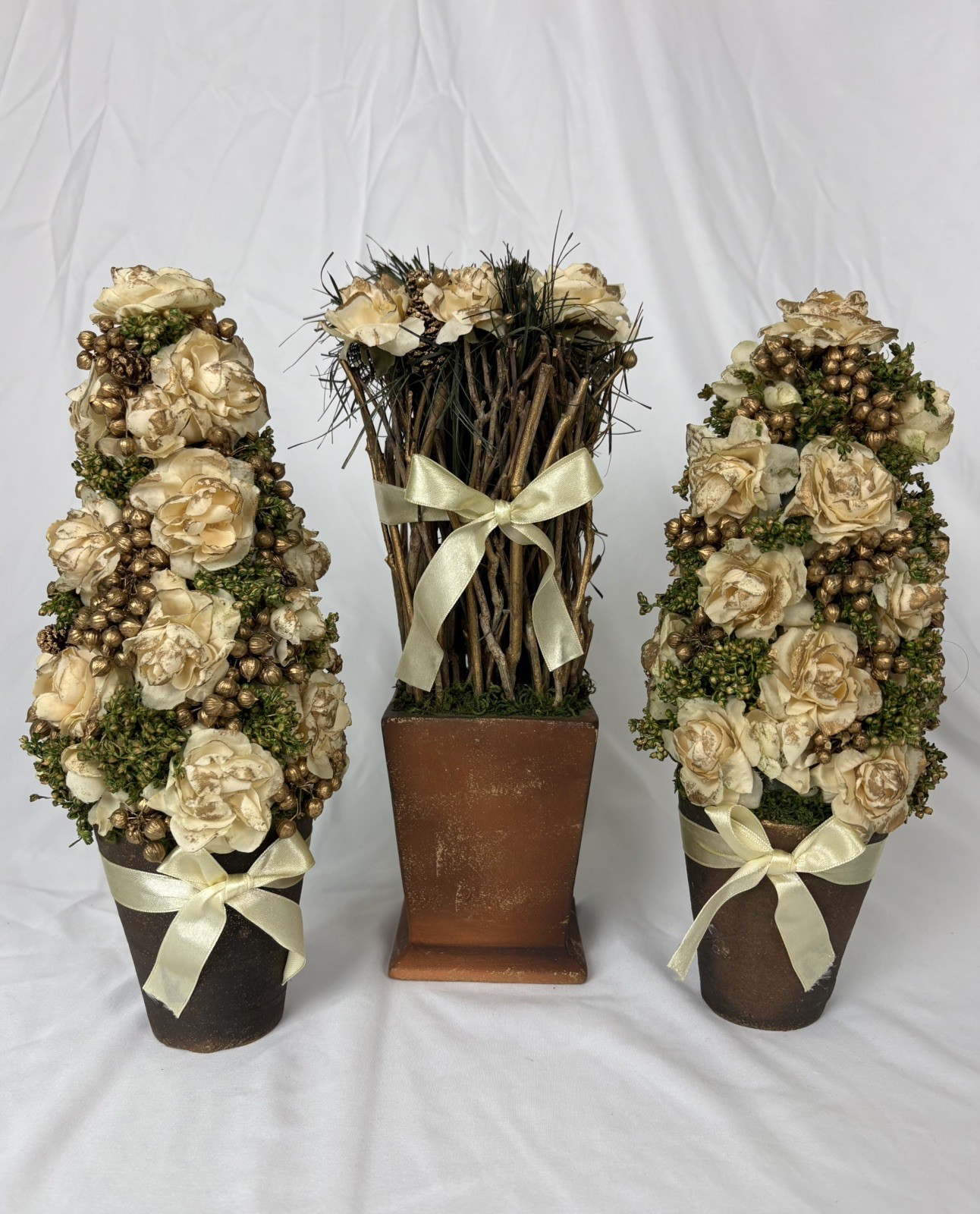 Set of 3 – Heirloom Topiaries Cream Rose Floral Table Top Romantic VTG Wedding