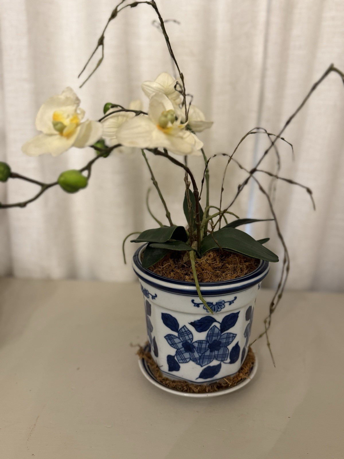 16″ Faux White Orchid Artificial Floral Arrangement Blue White Chinoiserie Pot