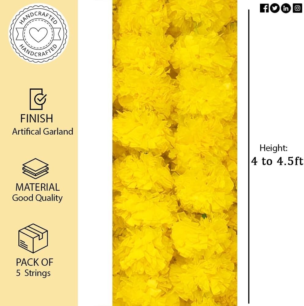Marigold Garlands, 5 Pack – Artficial Yellow Flowers, Decorations, 4 to 4.5 Ft