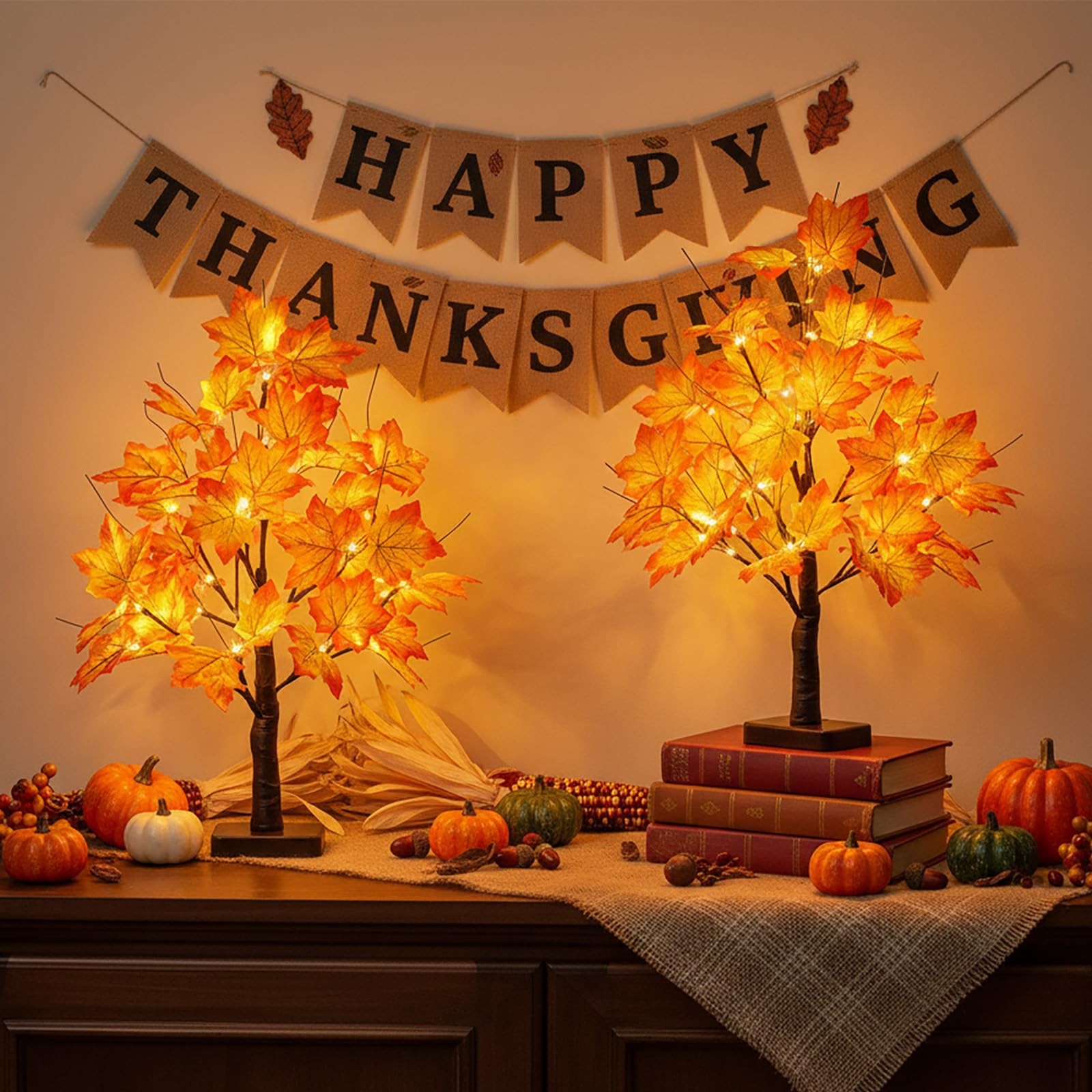 Fall Decorations Maple Tree with 24 LED Lights Tabletop Thanksgiving Gift 2 Pack