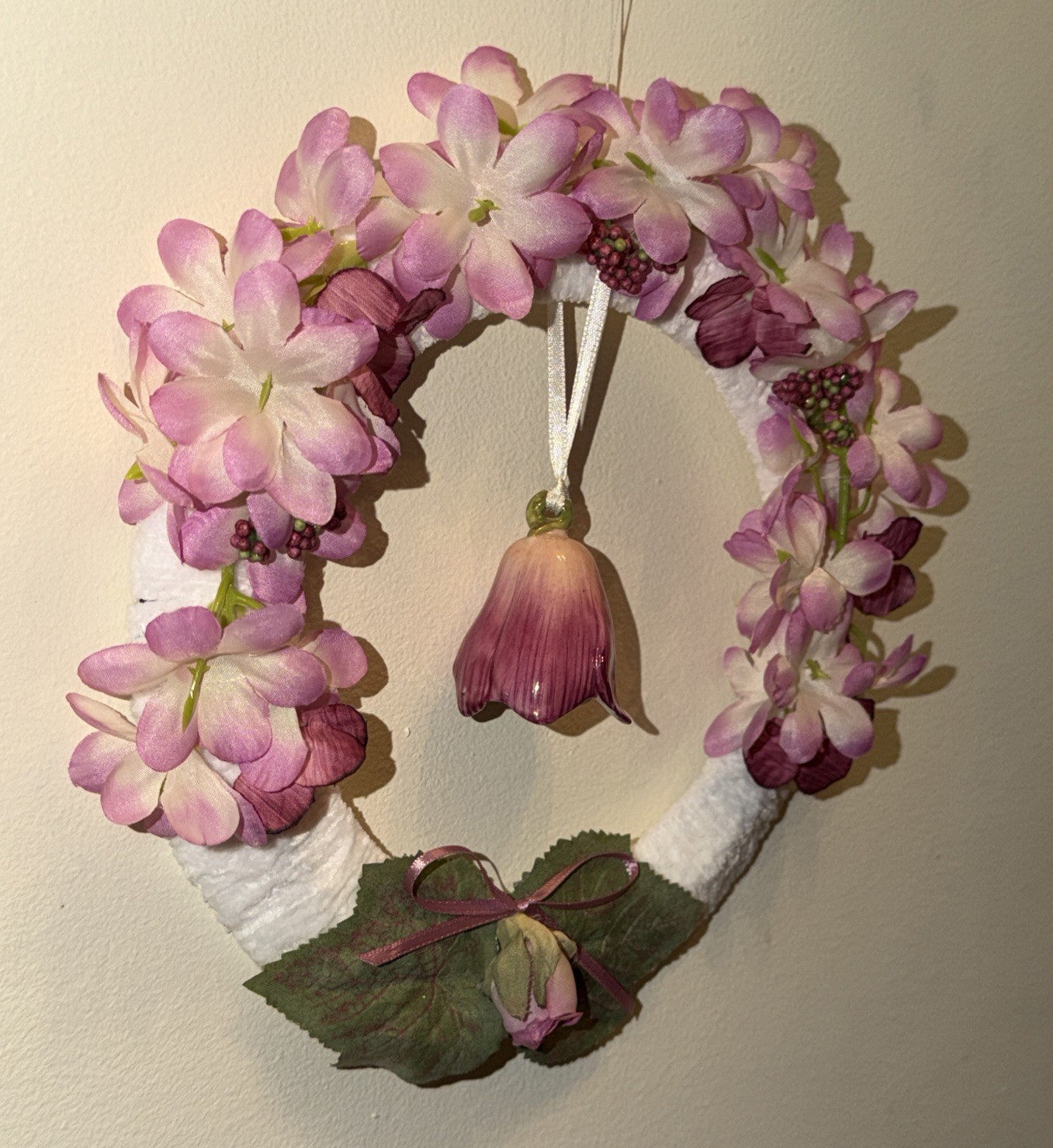 Pink Cherry Blossom Silk Floral Wreath W/Bell-Shaped Dangle Ceramic Flower Cheni