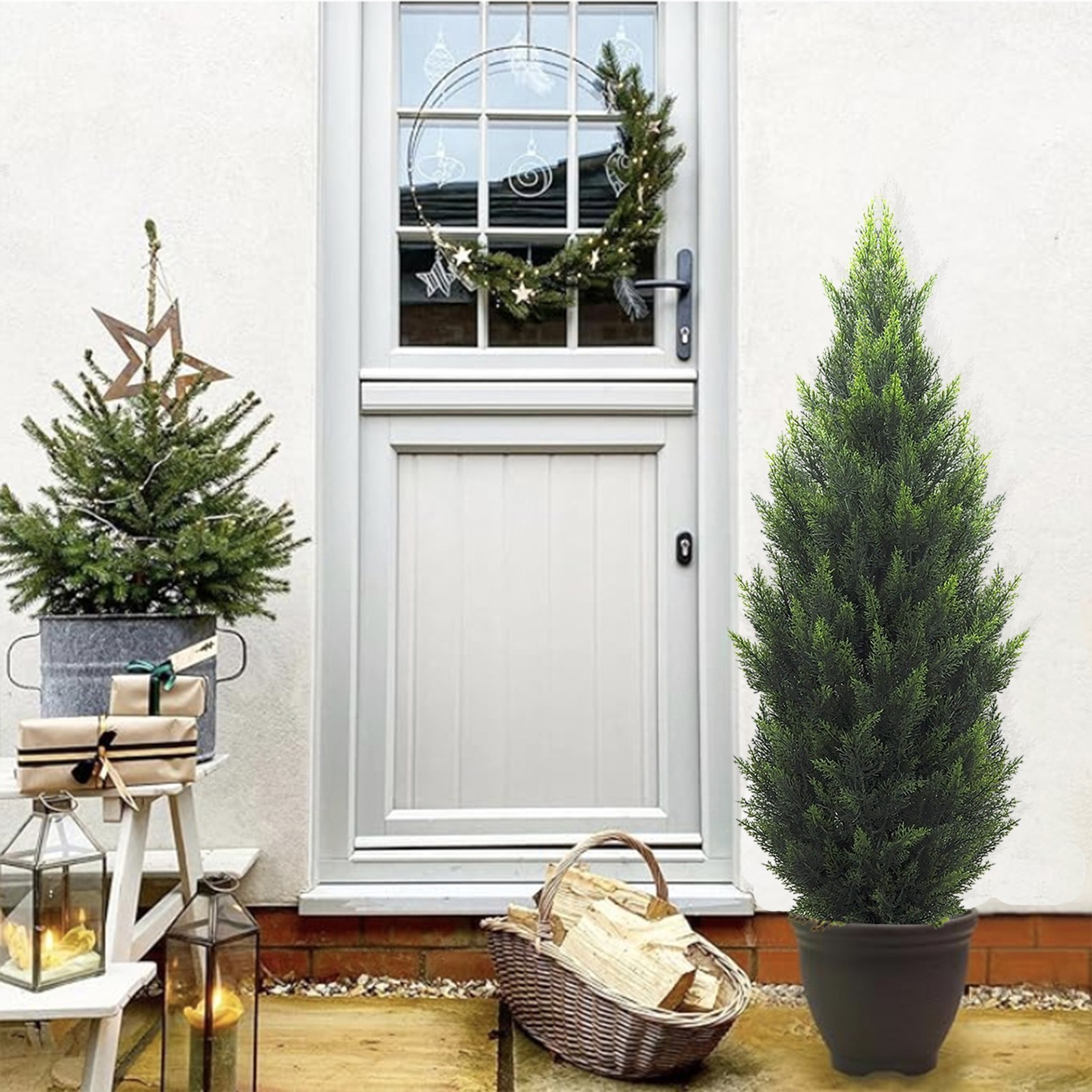 4FT Artificial Topiary Trees 2 Pack, Realistic Faux Cedar Pines UV Rated