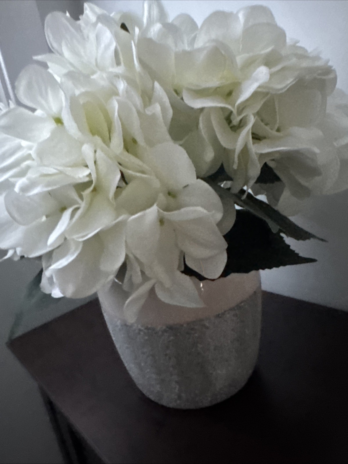 Contemporary Spring Faux Arrangement -White Hydrangea In Pottery Vase