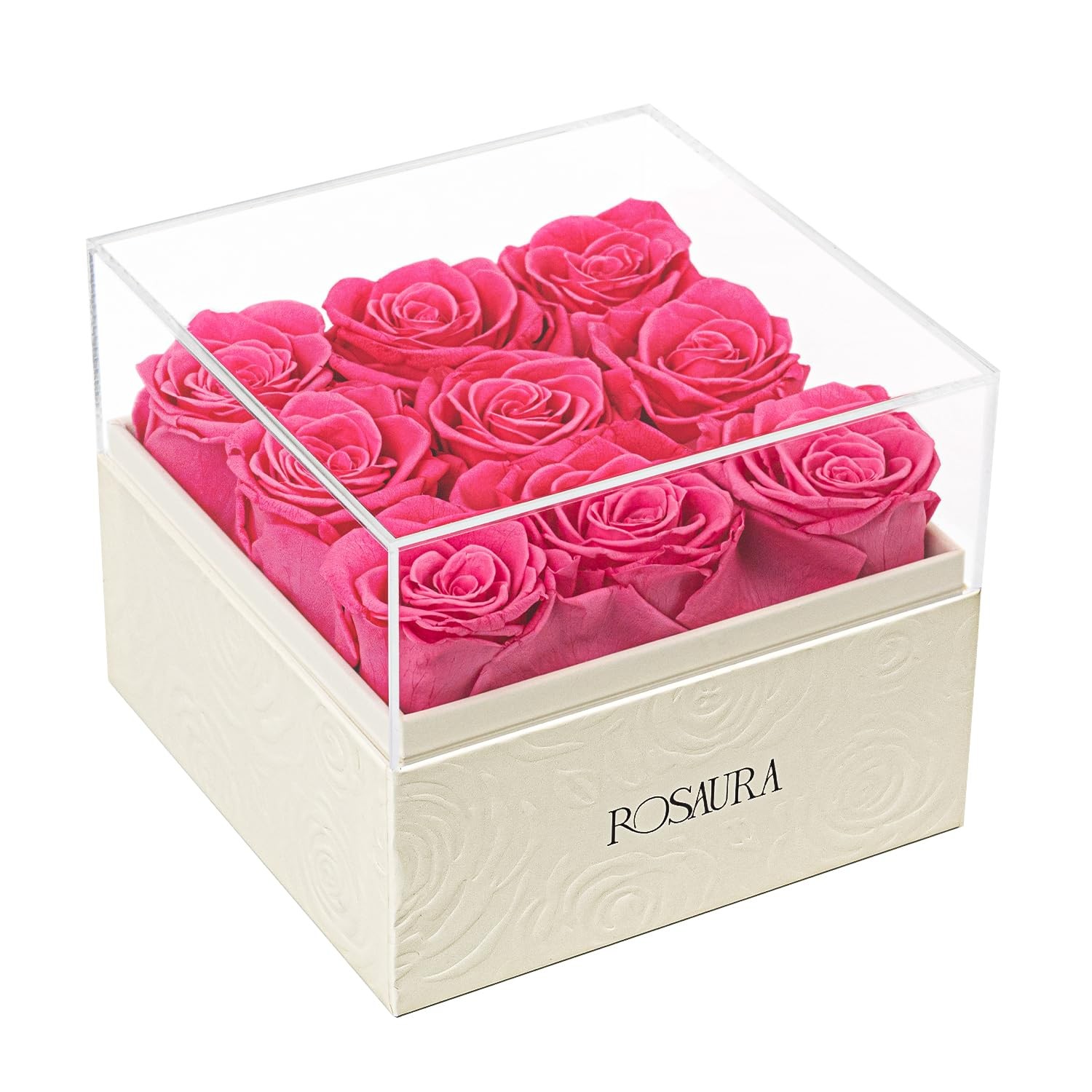 Square Preserved Roses Gift Box – Real Forever Flowers in Clear Acrylic Lid V…
