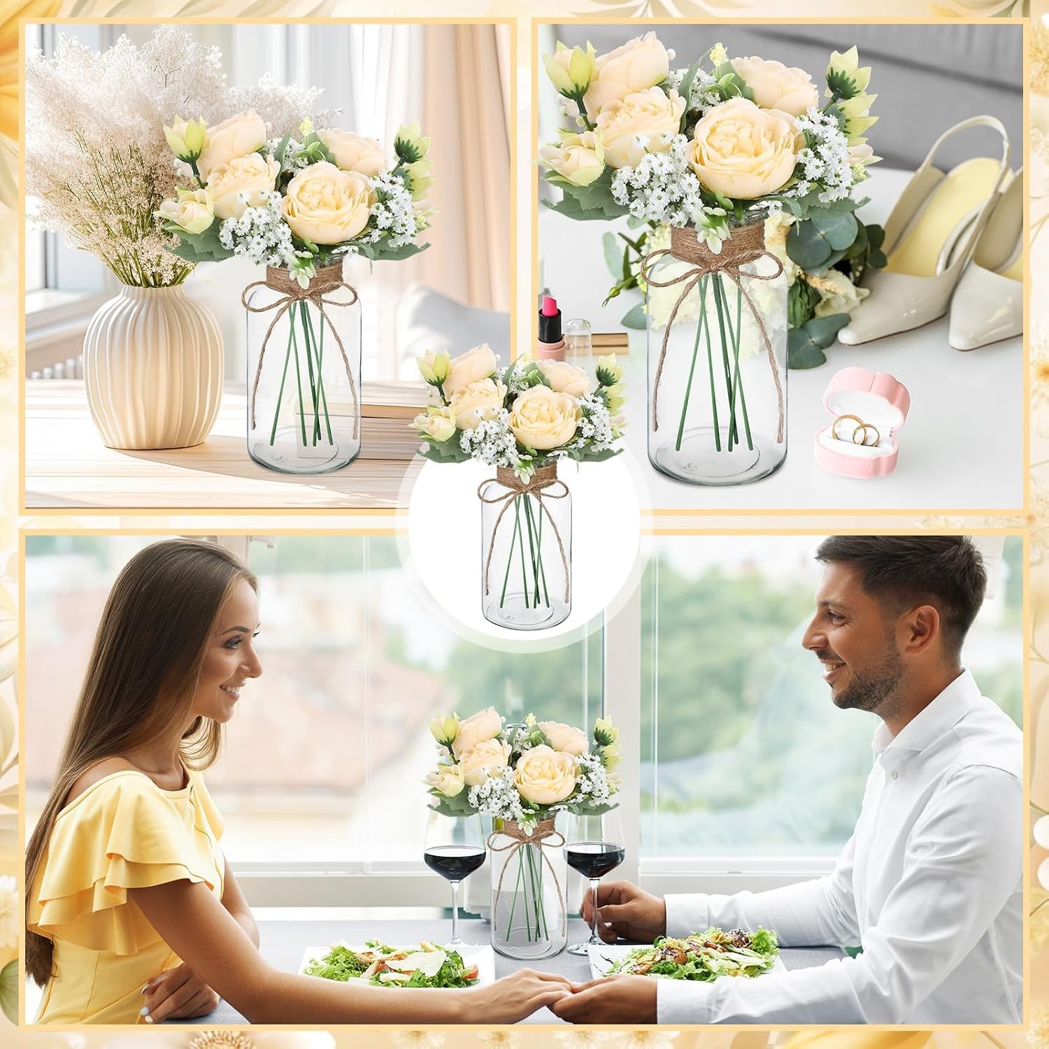 6 Sets Mason Jar Table Centerpiece W/ Artificial Peony Baby’s Breath Flower