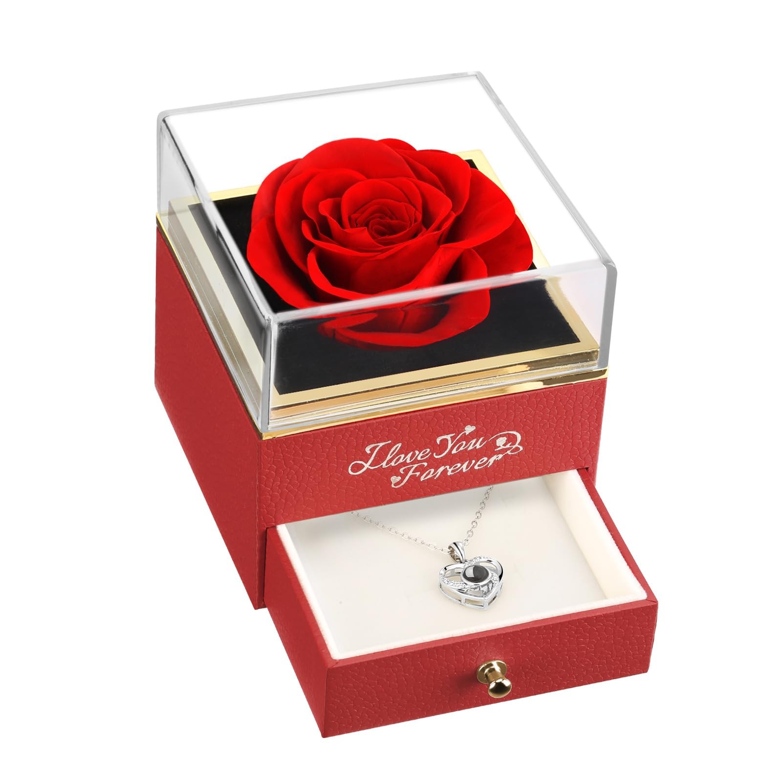 Preserved Real Rose with Heart Necklace -I Love You Forever Eternal Rose for …