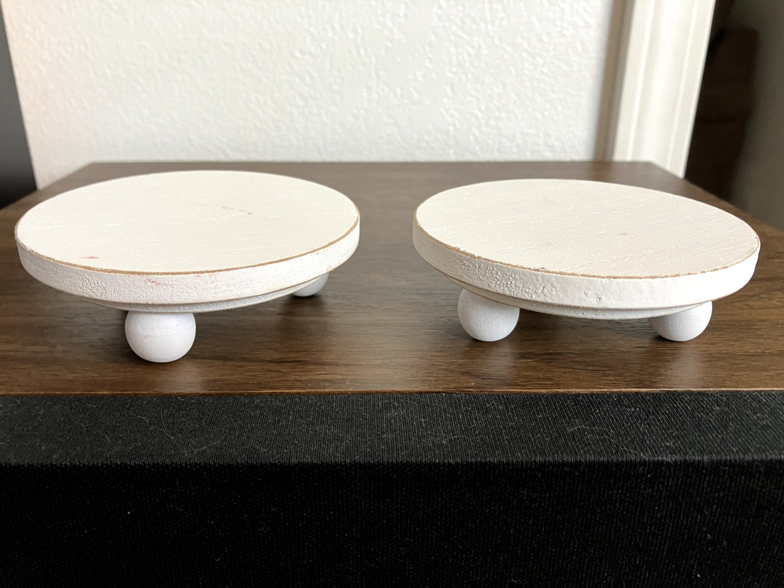 NOS “HOBBY LOBBY” PAIR OF 2 TIERED TRAY WOOD ENDCAPS, 4 INCH IN DIAMETER