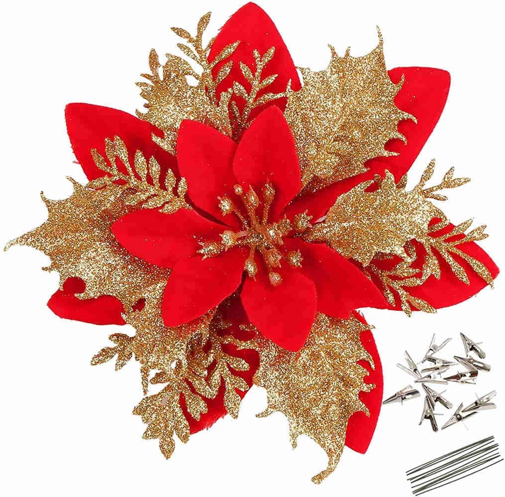 12 Pcs Glitter Poinsettia 5.5″ Artificial Flowers Christmas with Clips Stems …