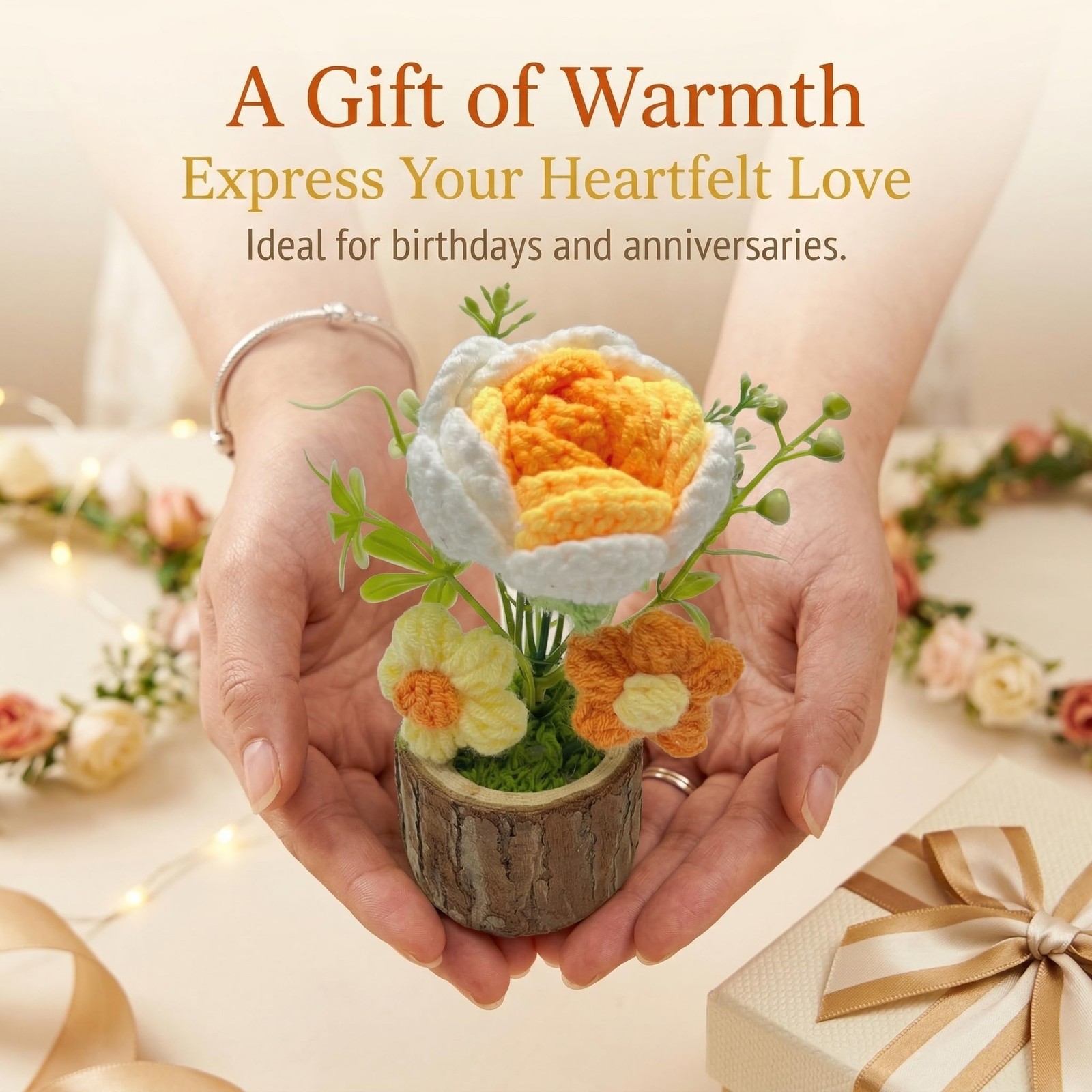 Crochet Flower Gift – Handmade Knitted Yellow Rose Mini Potted Arrangement, E…