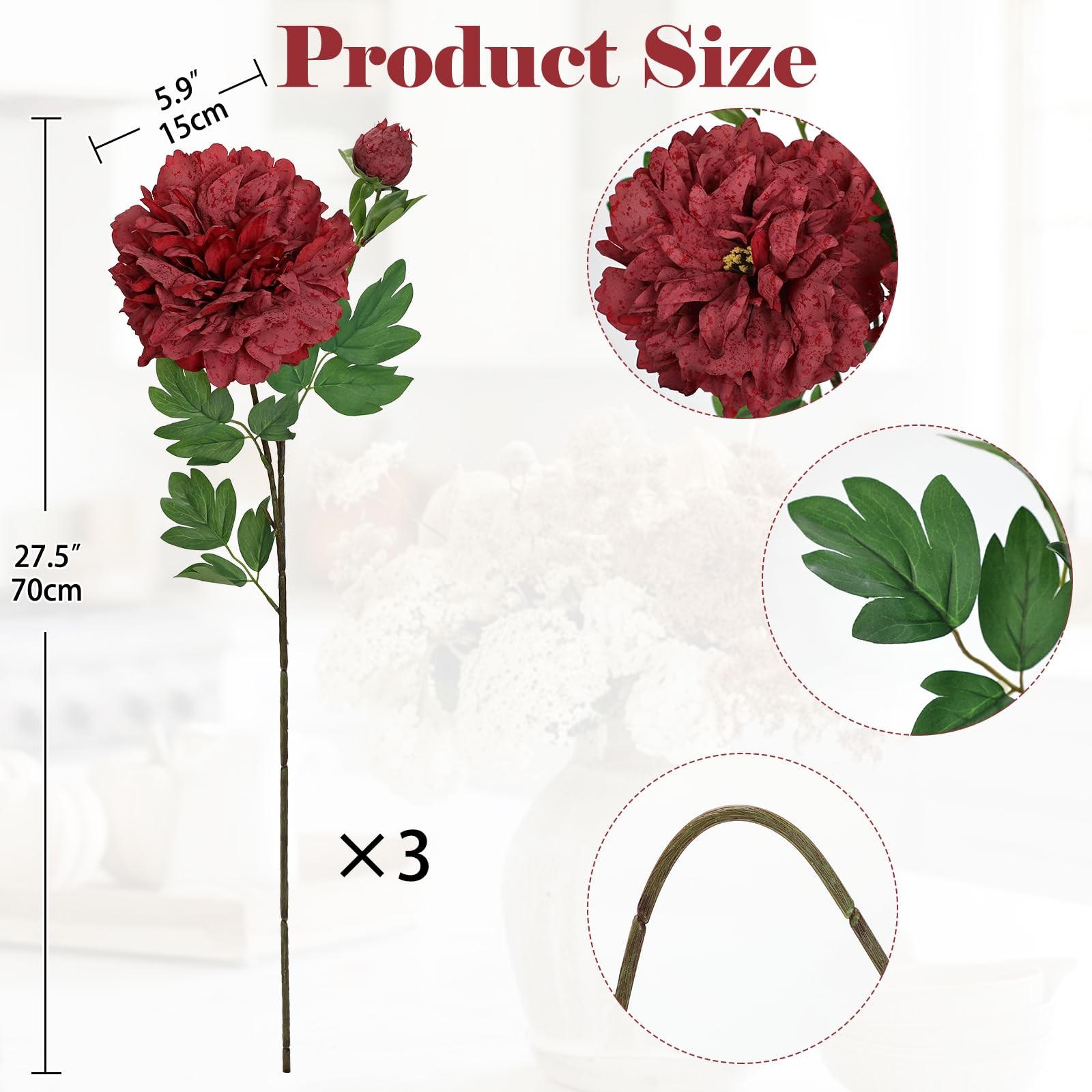 Dark Red Peonies Artificial Flowers 3Pcs Fall Flowers for Fall Decoration 27….