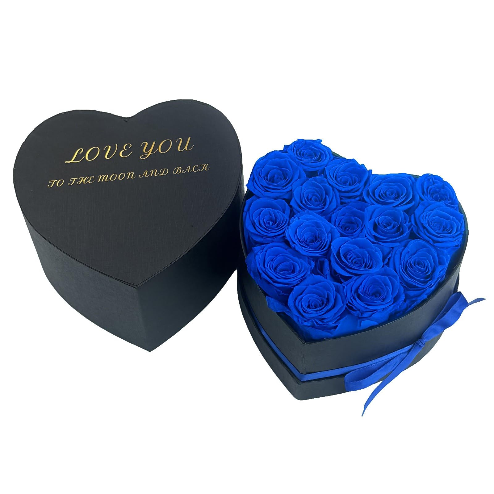 16 Preserved Roses Heart Shape Box Forever Flowers Valentine Gift Blue