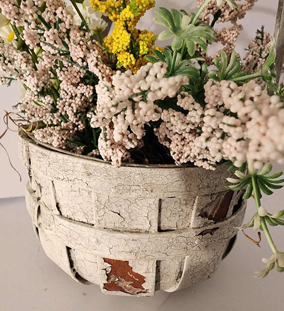 Artificial Bird Floral Arrangement In Crackled Apple Basket Summer Accent Piece