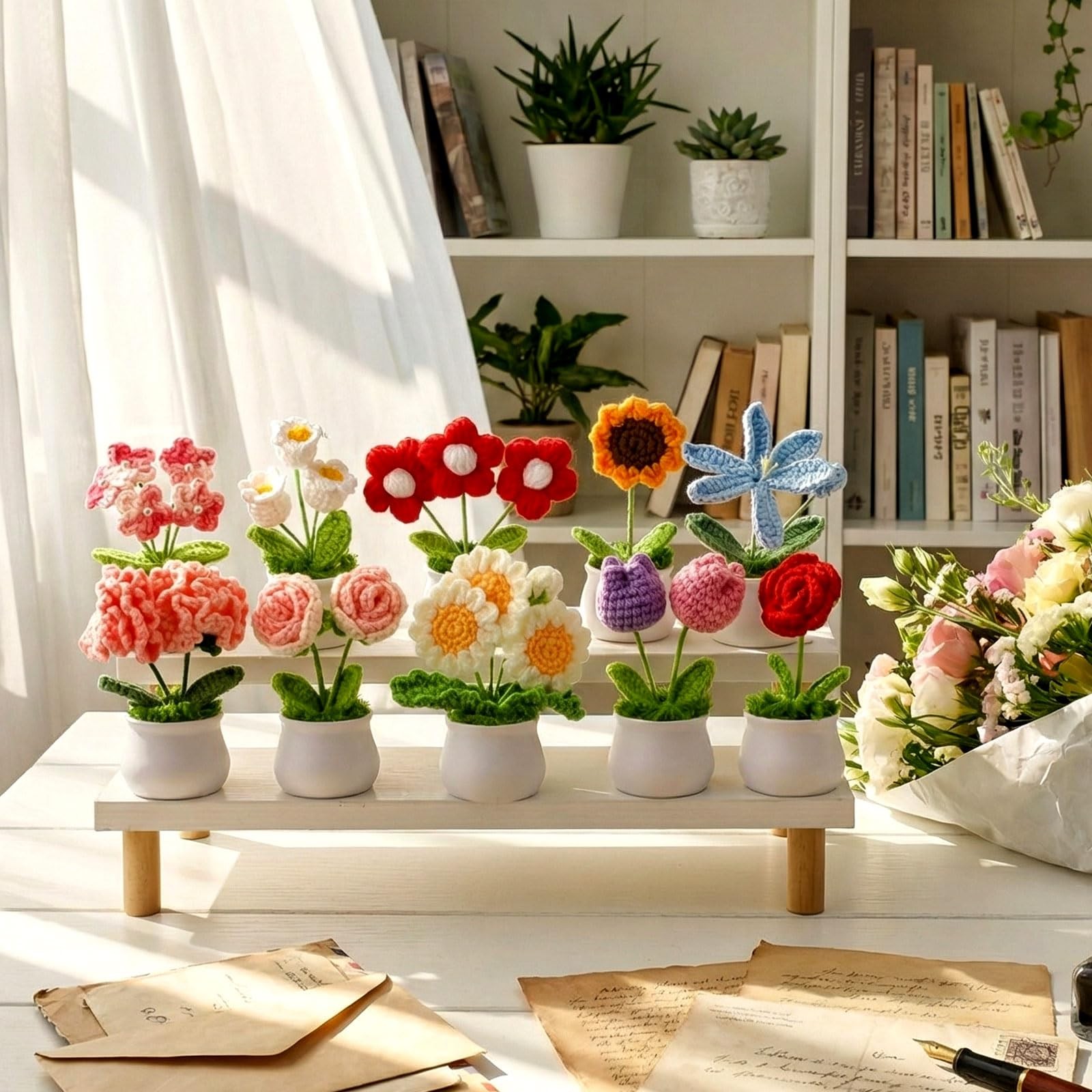 10 Pcs Crochet Flowers Bouquet Bulk Thank You Gifts Handmade Knitted Mini Flo…
