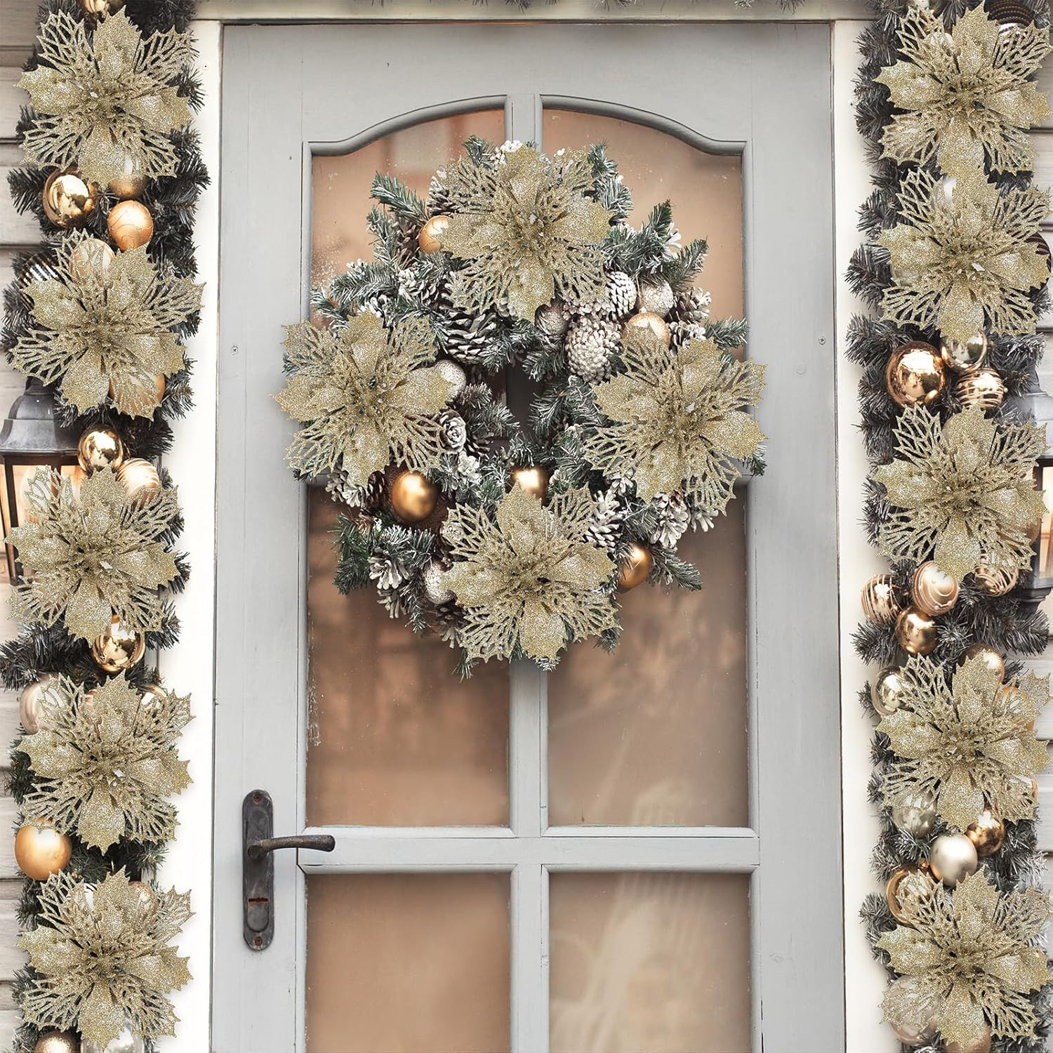24 Pcs Champagne Glitter Poinsettia Picks 5.9” w/ Stems Tree Wreath Garland Xmas