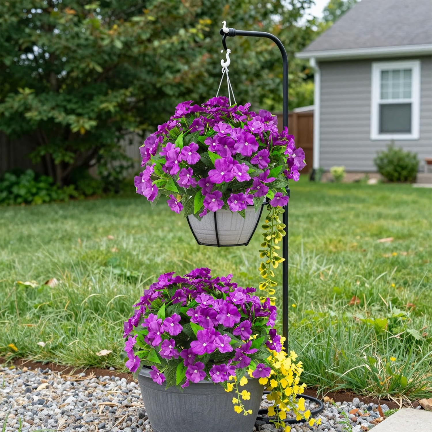 8 Pcs UV Resistant Purple Artificial Impatiens Flowers for Outdoor Decor