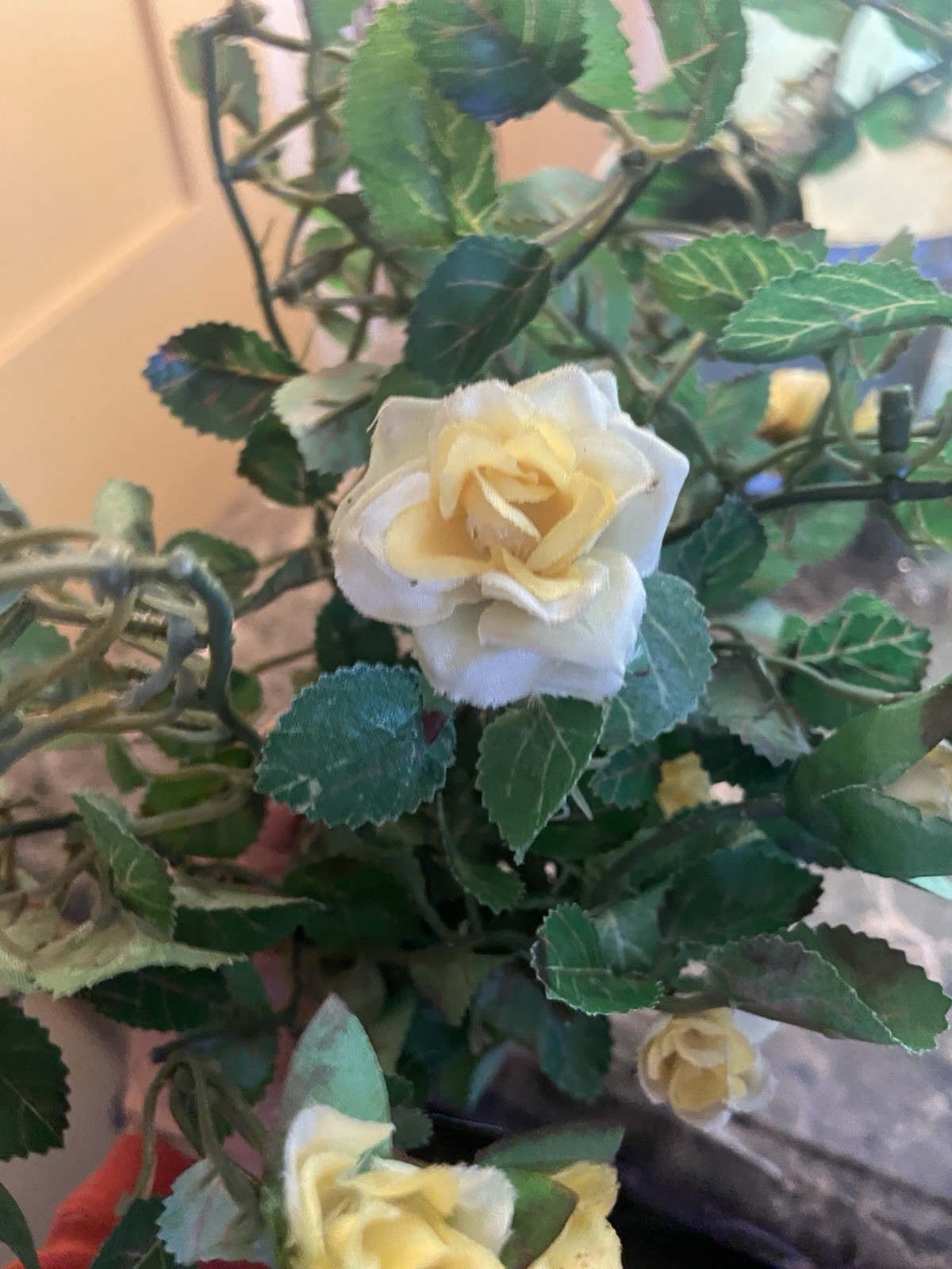 Vintage 1980s Artificial Yellow Rose And Leaf Stems