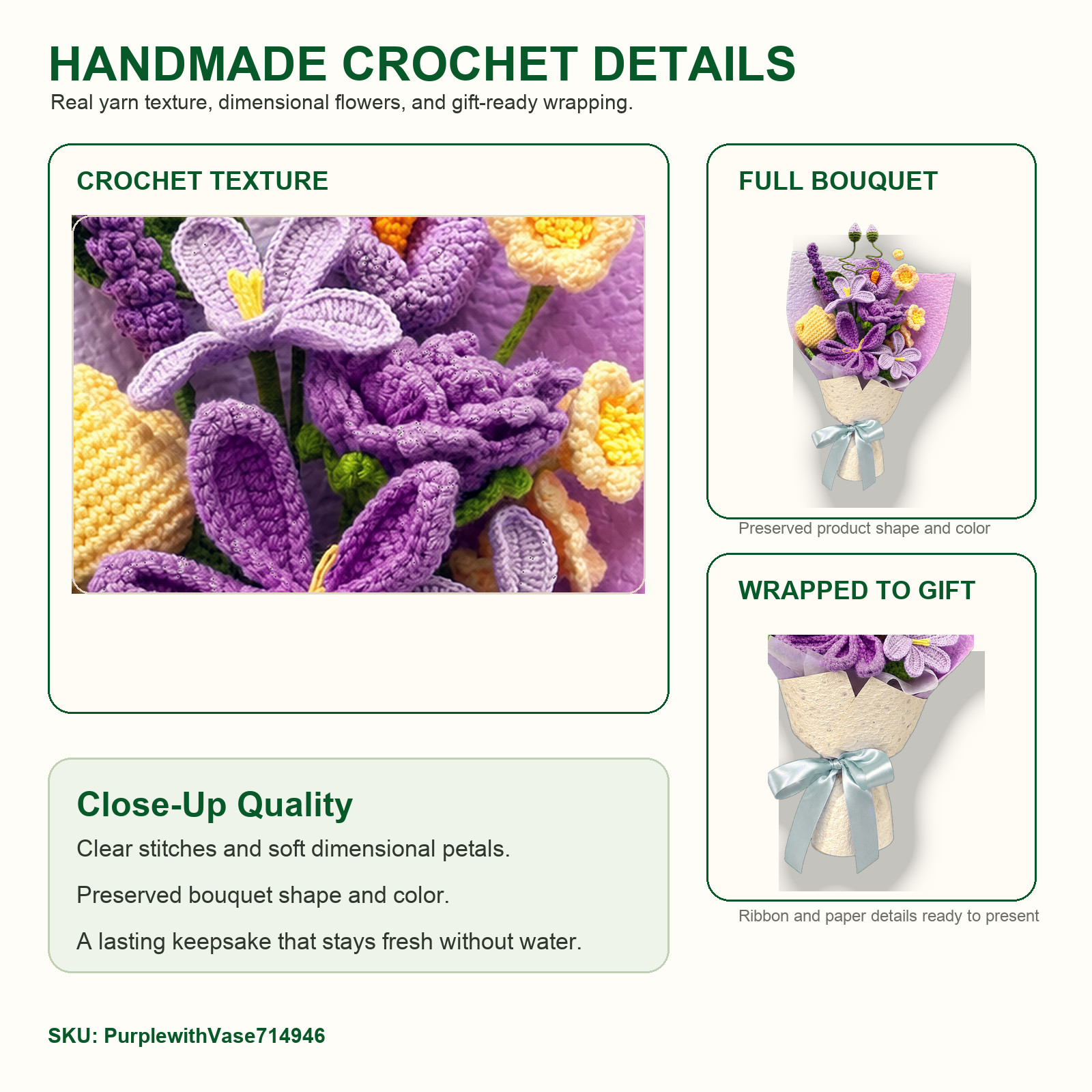 Purple Crochet Flower Bouquet with Vase Birthday Gift Decor