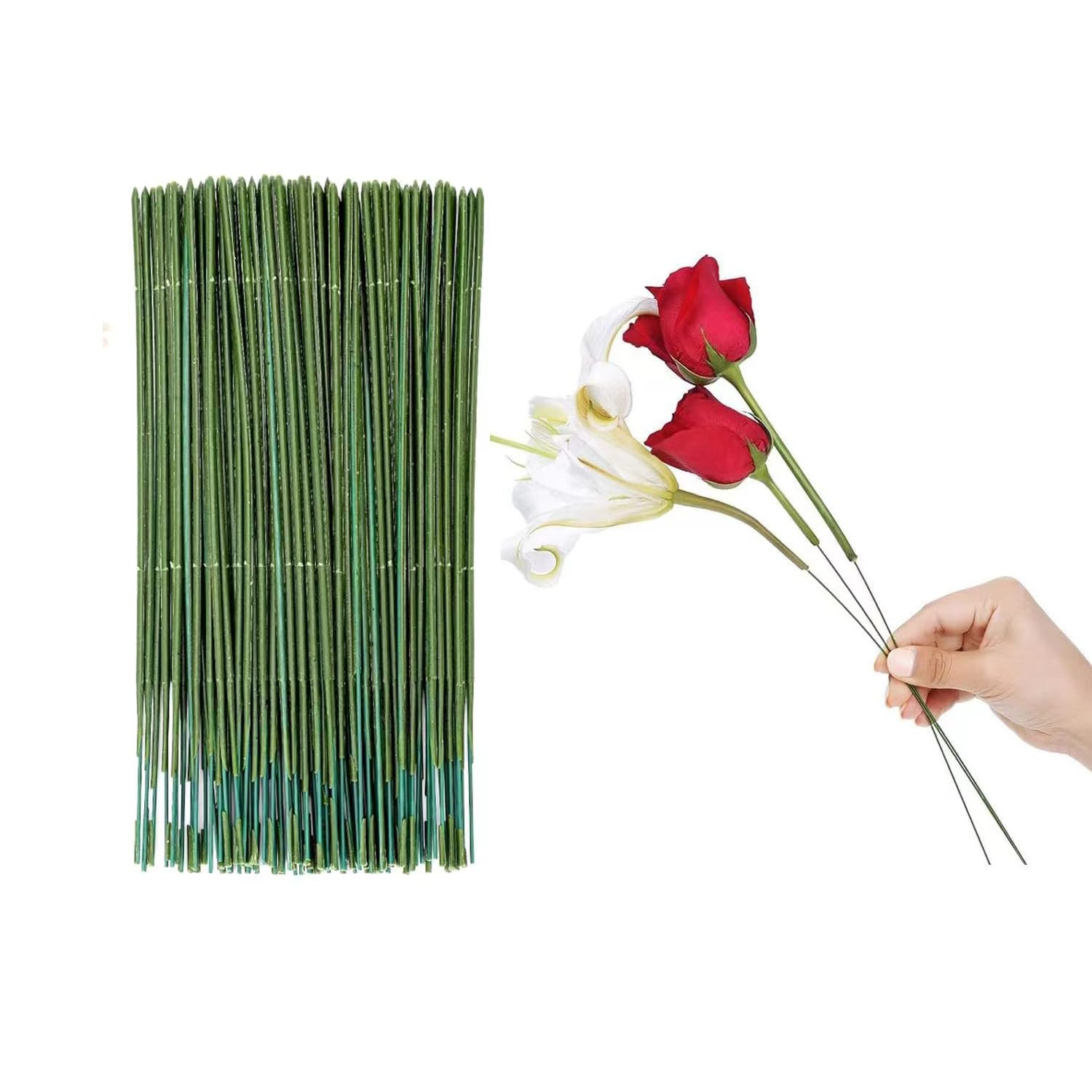 100Pcs Plastic Floral Stems Wire, Artificial Flower Rod, Green Crafts Wire Wreat