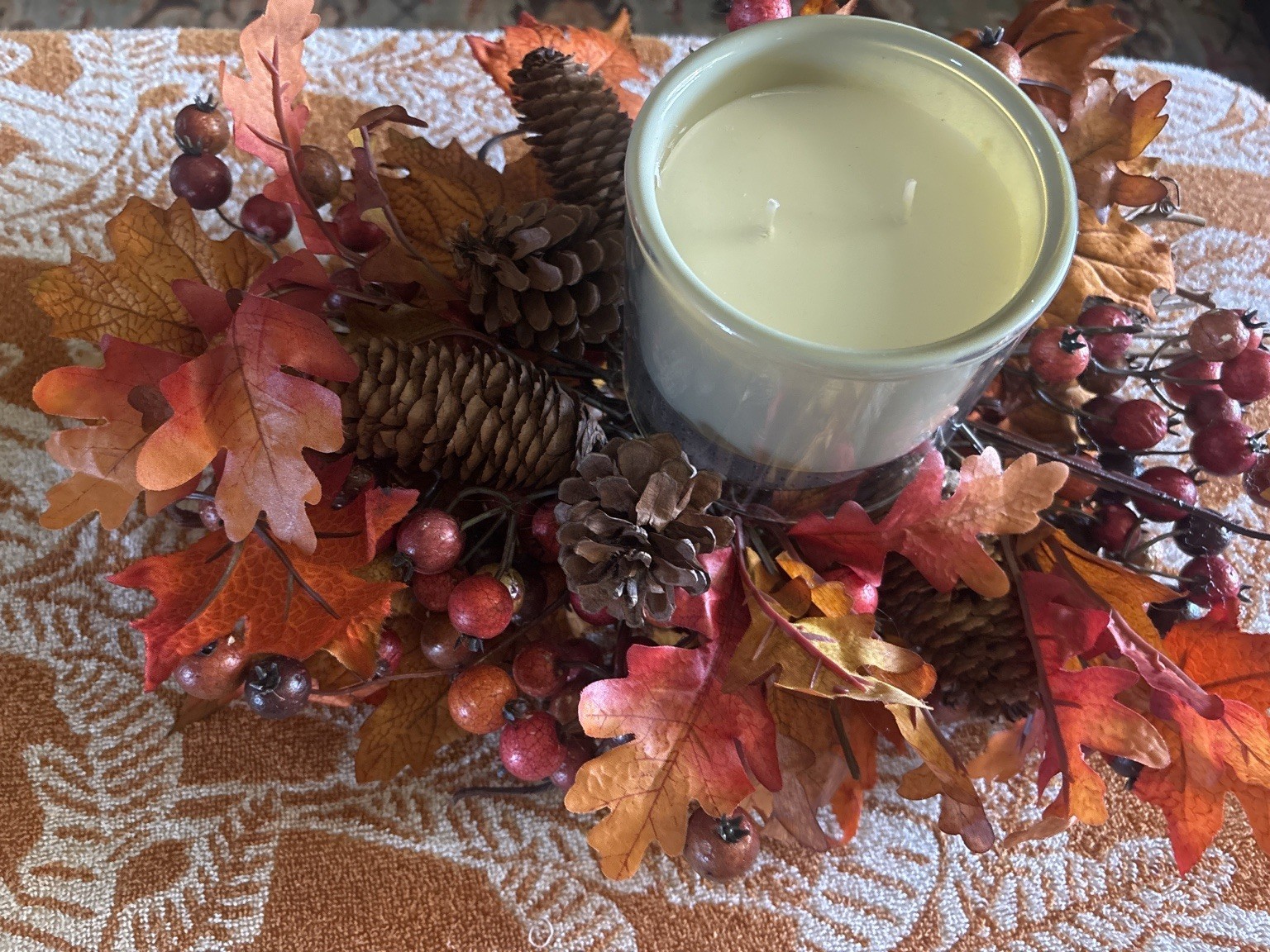 Large Fall Candle Ring Pinecone Berry Maple Leaf Centerpiece 11×14 Rustic