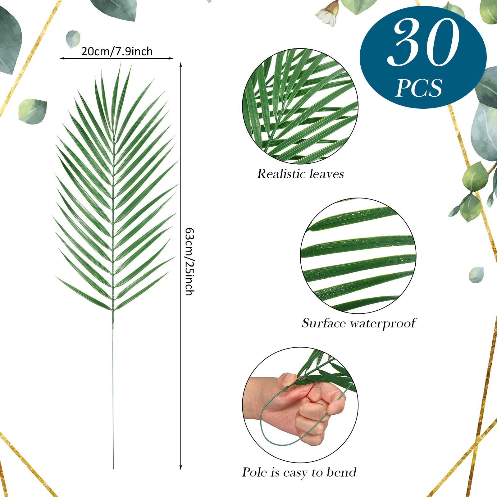 30 Pcs Artificial Palm Leaves Large Faux Plants Summer Hawaii Decorations Pla…