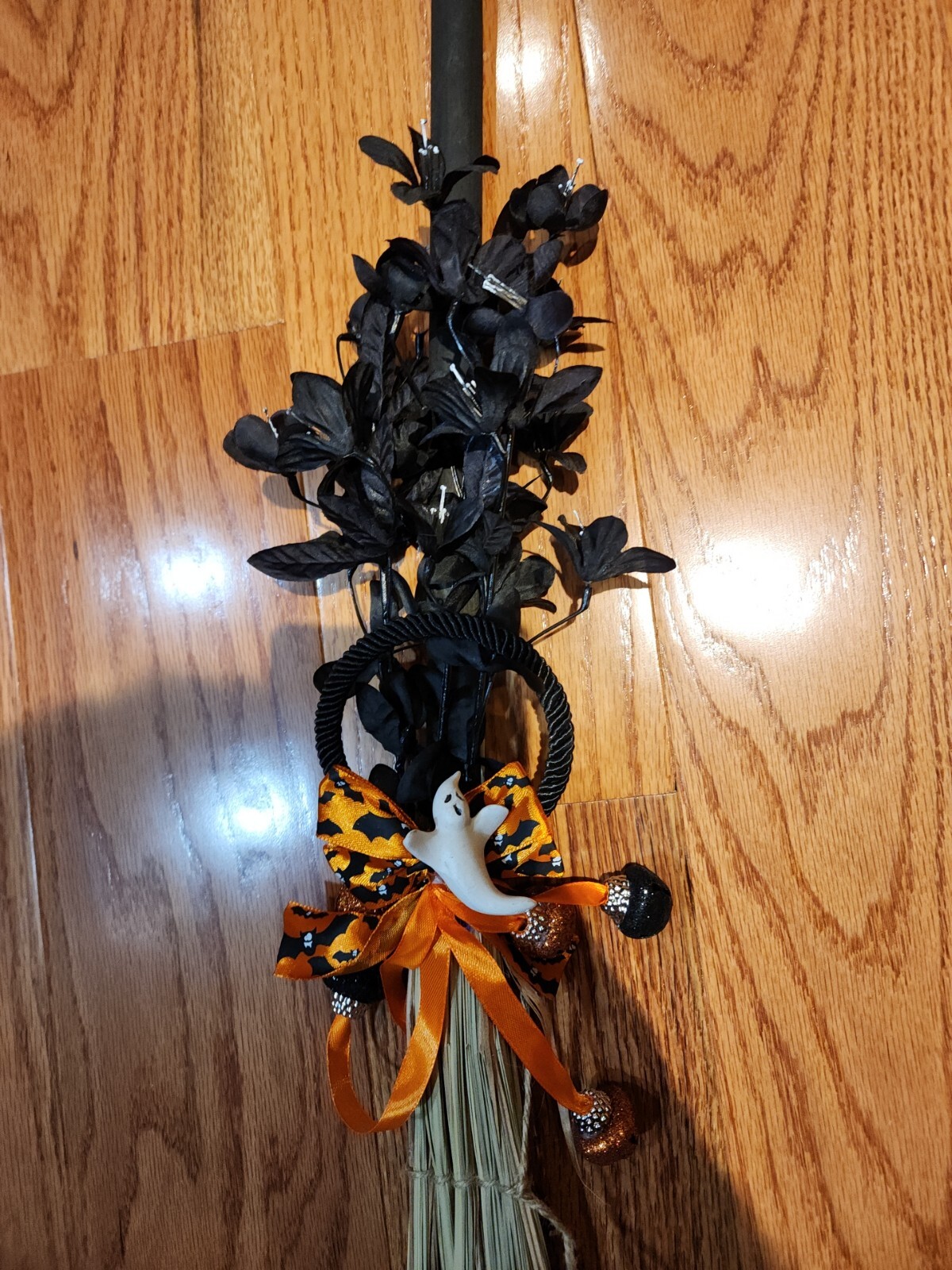 Halloween Decor Witches Broom Black Flowers Ghost Bats 42″ Long Rustic