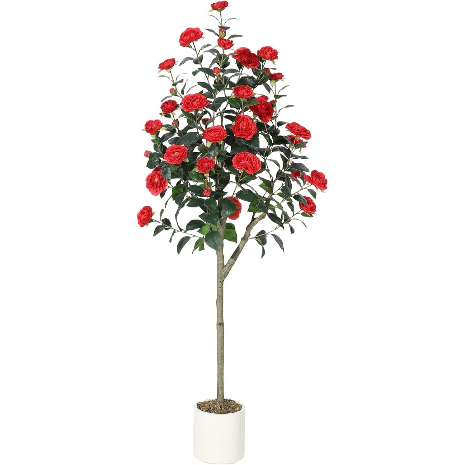 5FT Artificial Camellia Tree Potted,Realistic Fake Plant with White Silk Flowers