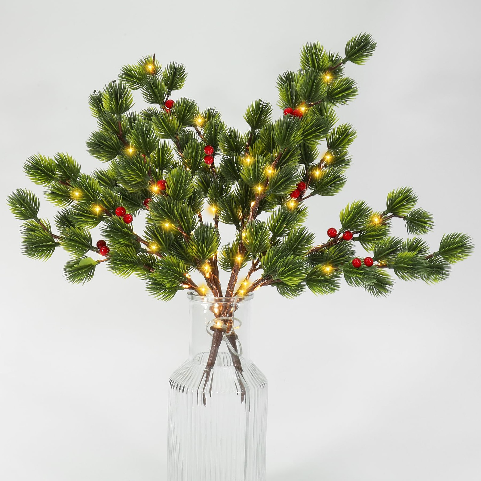 2 PCS Lighted Christmas Pine Brenches for Vase, Prelit Artificial Twigs with …