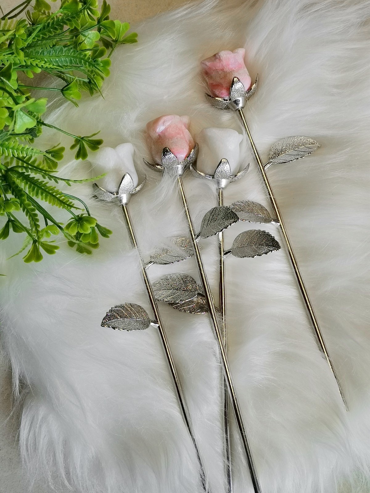 Pink Opal and White Jade rose with silver stem , Decorative Collectible