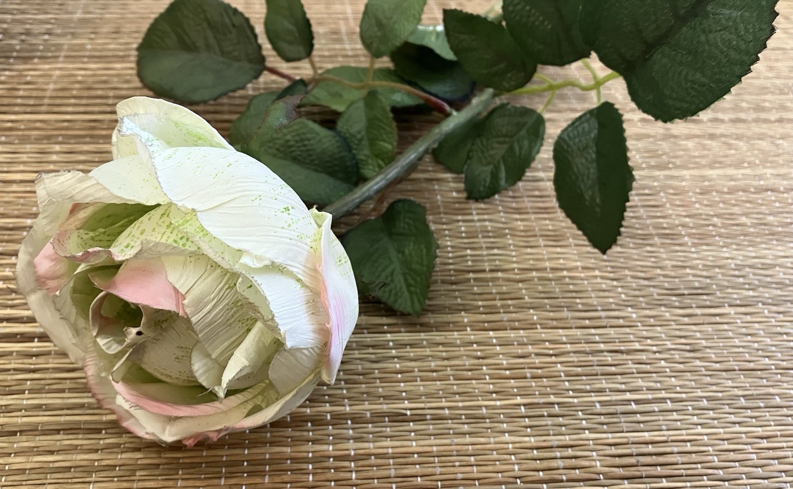 Vintage French 90’s Artificial Pale Green & Pink ROSE Flower w/ Leaves Long Stem