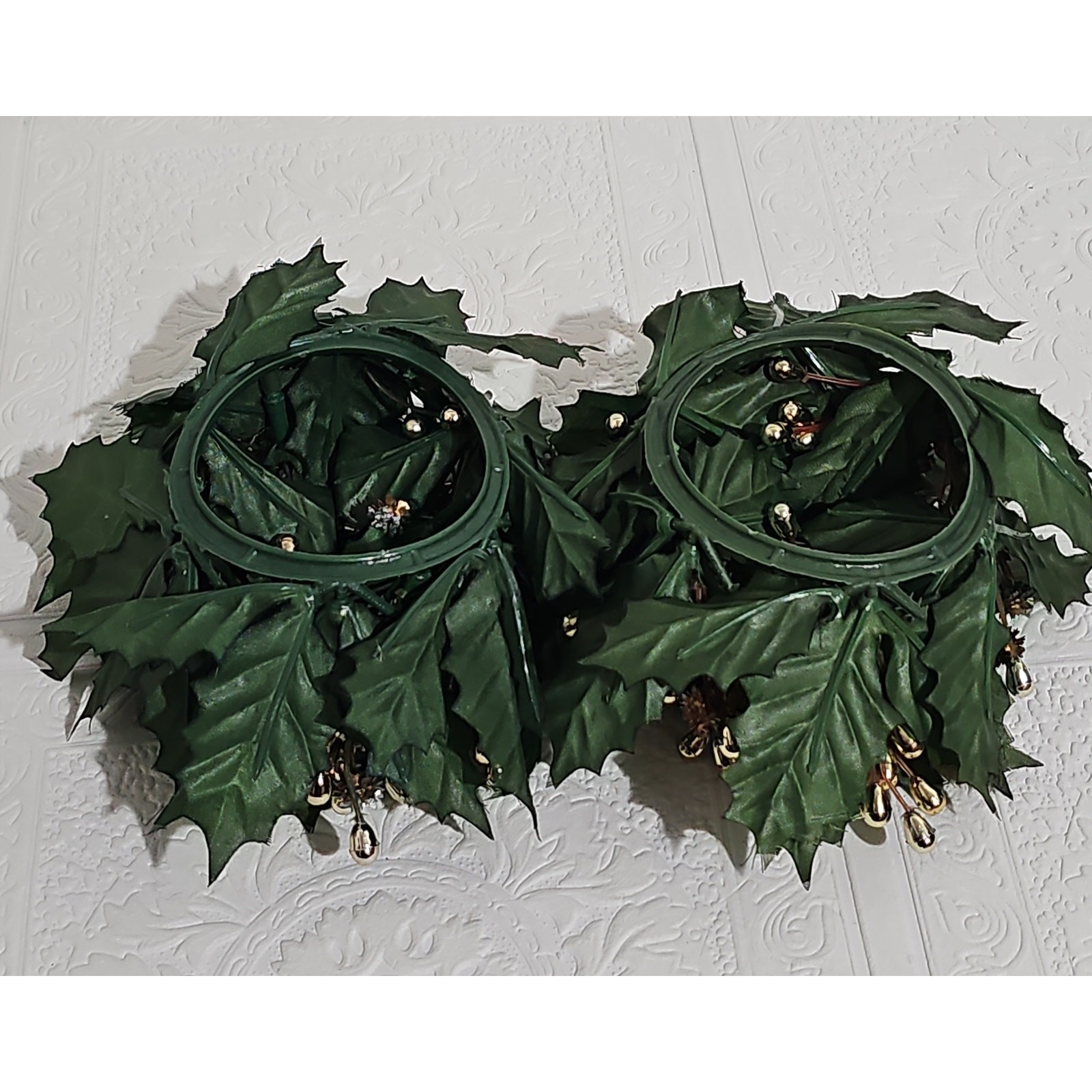 Two Vintage Candle Ring Pillar Wreath Centerpiece Gold Pinheads Holly Christmas