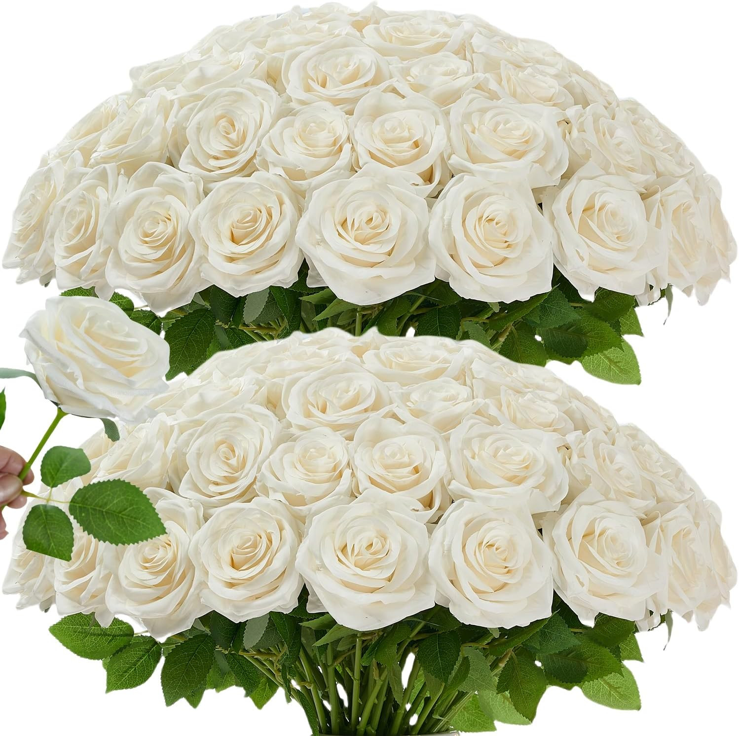 120 Pcs White Rose Artificial Flowers Bulk, Ivory Silk Fake Roses with Long Stem