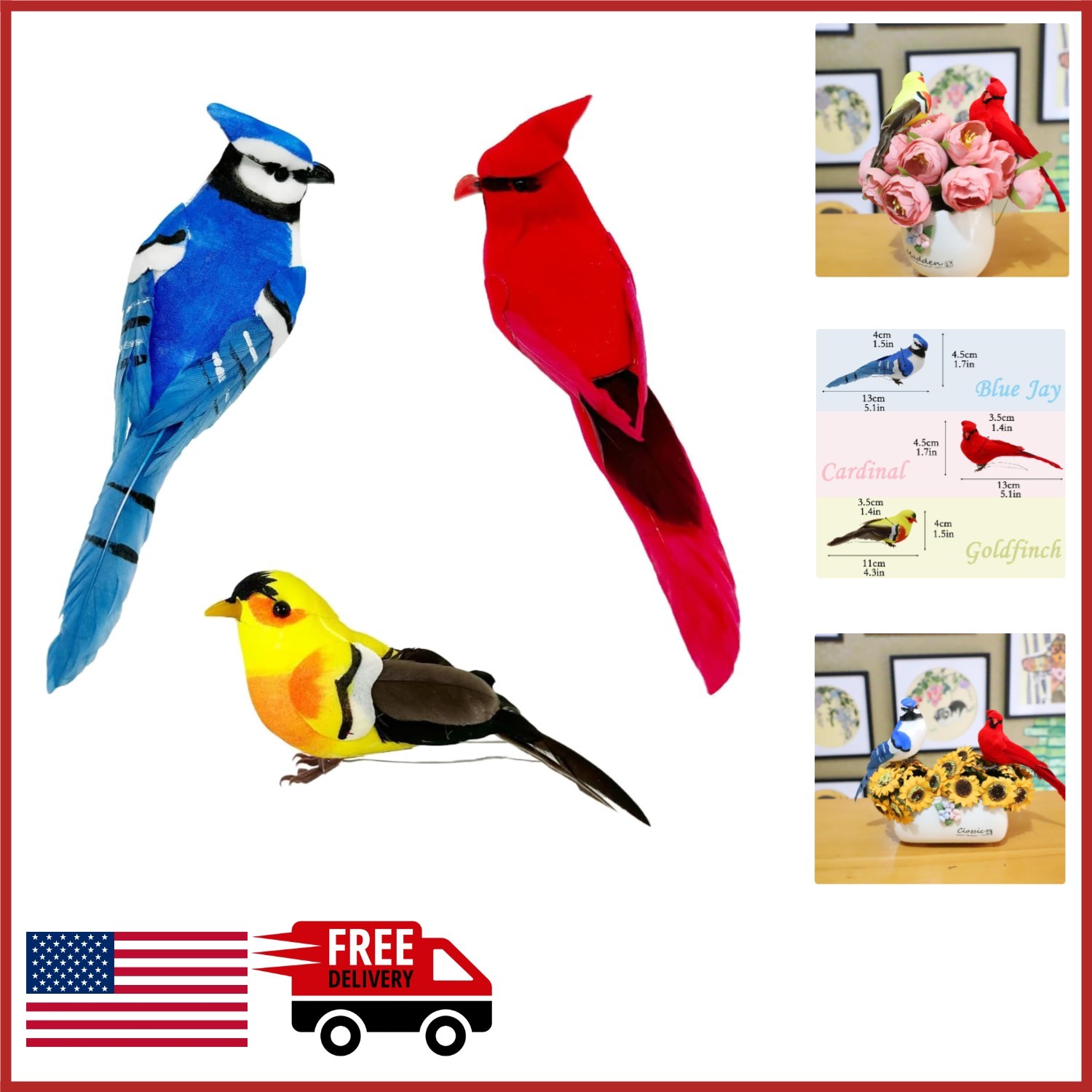 Realistic Bird Ornaments 3pcs Red Cardinal Blue Jay Goldfinch for Christmas