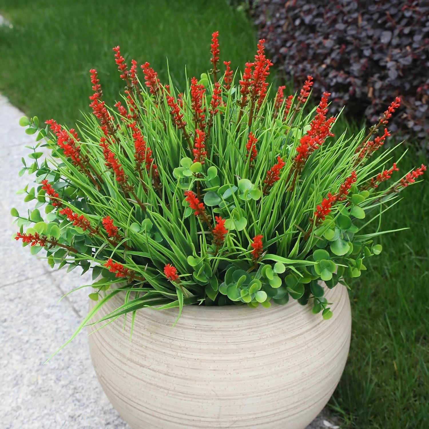 Artificial Outdoor Flowers 12 Bundles Faux Red Flower Grass Summer Decor