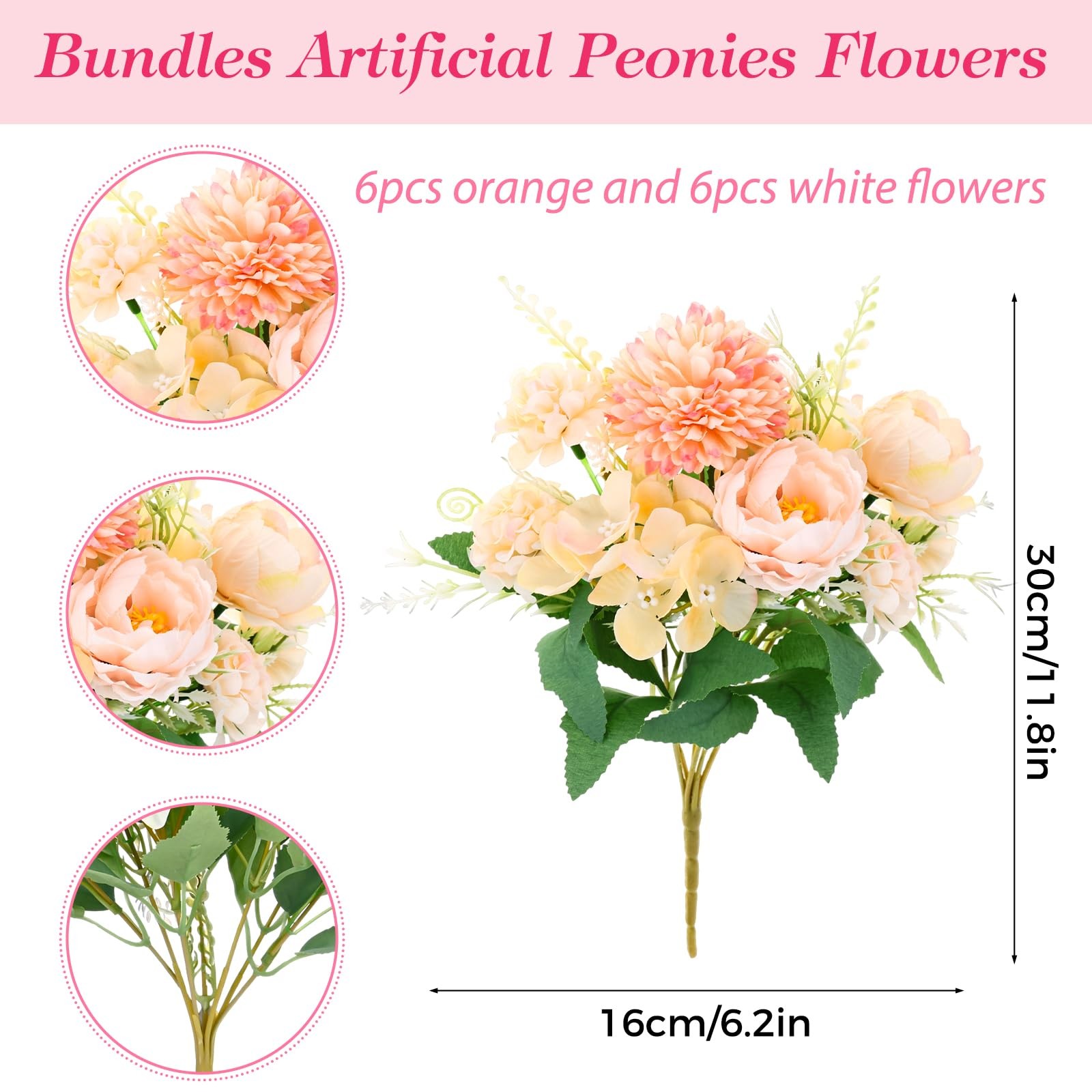 12 Bundles Peonies Artificial Flowers Silk Flowers Fake Peony Bouquet Faux Pe…