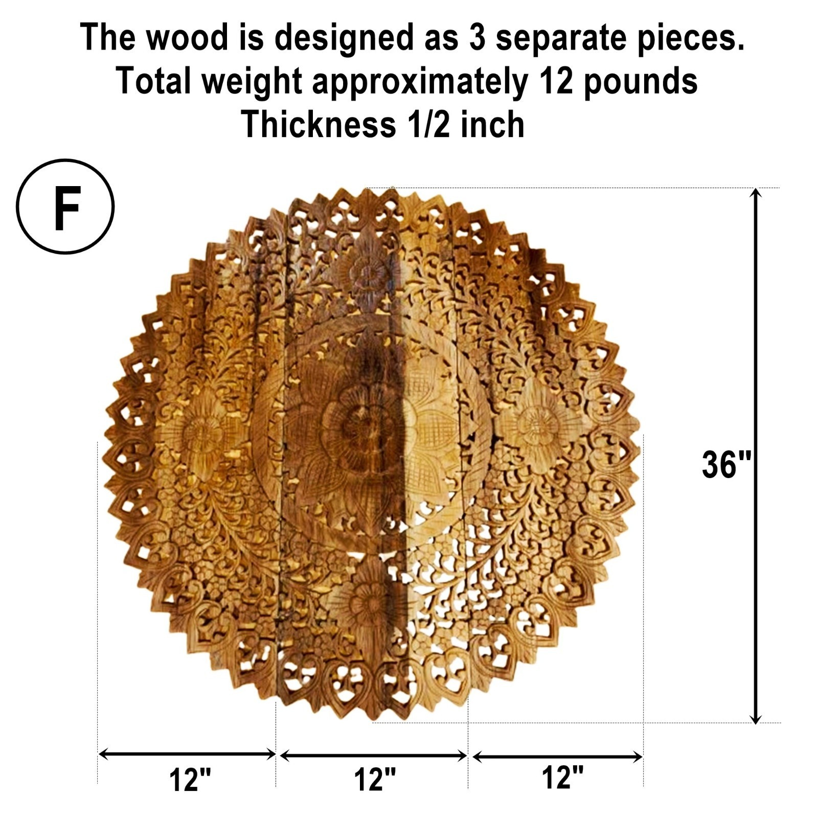 36″ Natural Brown Wood Mandala Wall Art Hand Carved Rain Tree Tropical Decor #F