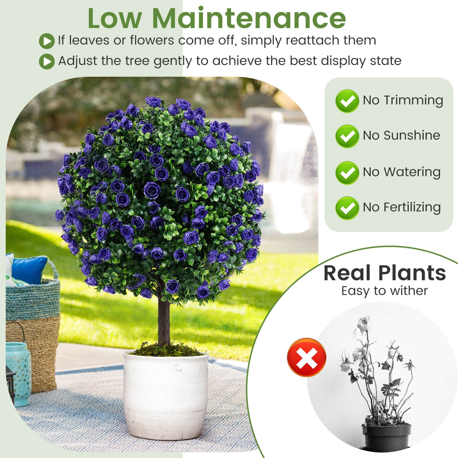 Set of 2 Artificial Purple Rose Topiary Ball Trees 22″ Faux Boxwood Ball Tree