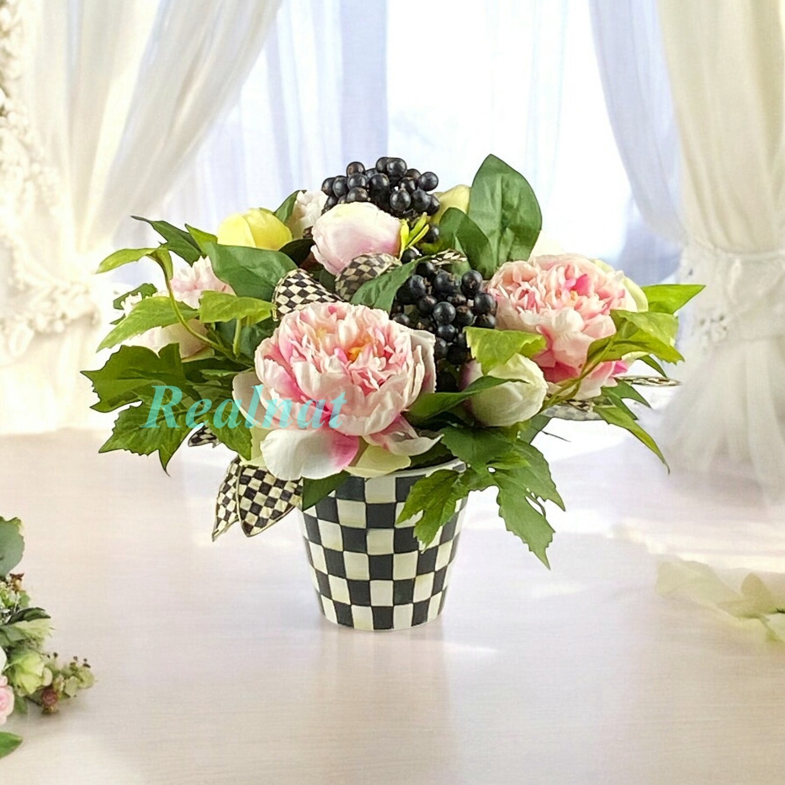 MacKenzie-Childs PEONY ARRANGEMENT COURTLY CHECK POT & LEAVES 11″ NEW NO BOX