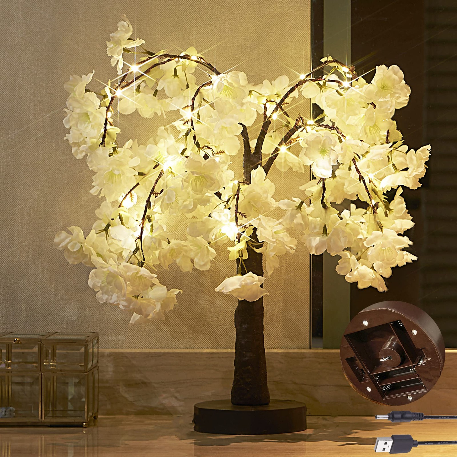 Cherry Blossom Tree Fairy Lights Battery/USB Powered Timer 18 Inch Table Decor