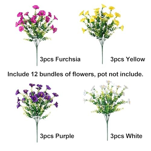 Artificial Flowers Fake Multi Color (3 Fuchsia, 3 Purple, 3 Yellow, 3 White)
