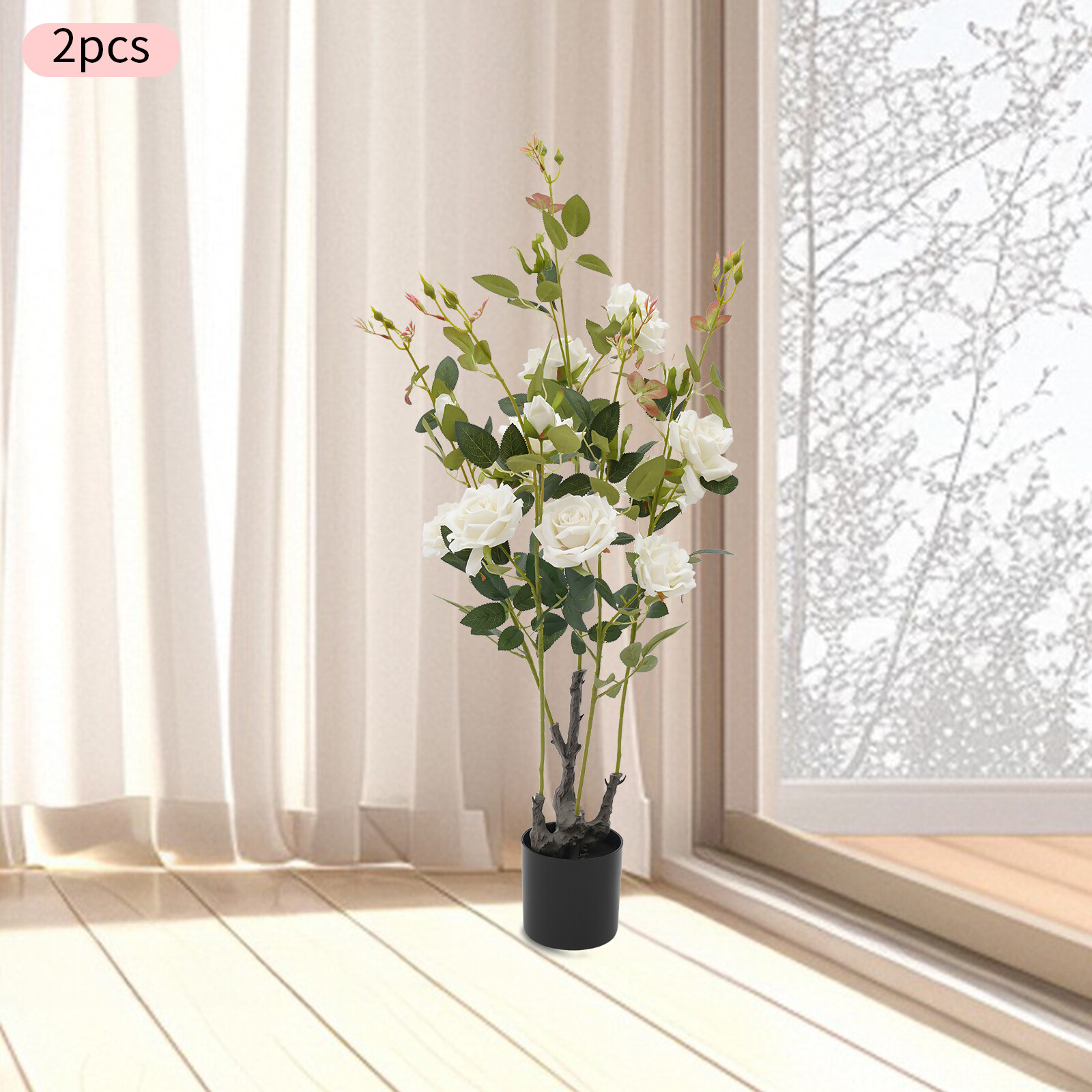 2 Pack 35.4″ Artificial Rose Tree Faux Floral Trees Artificial Flower Plant
