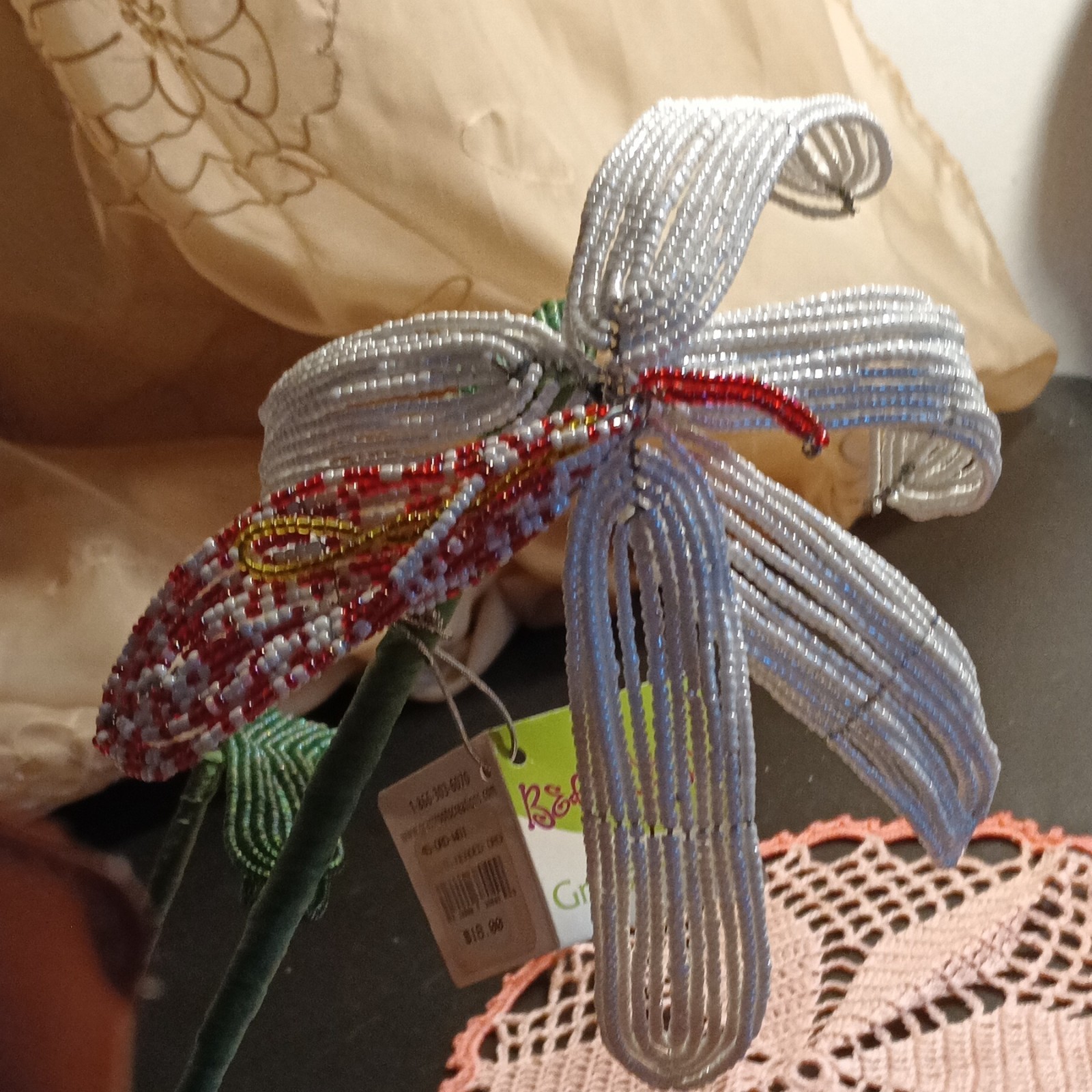 Beaded Artificial Lily Flower Stem Twig & Stem White/Red/Green Floral Stem