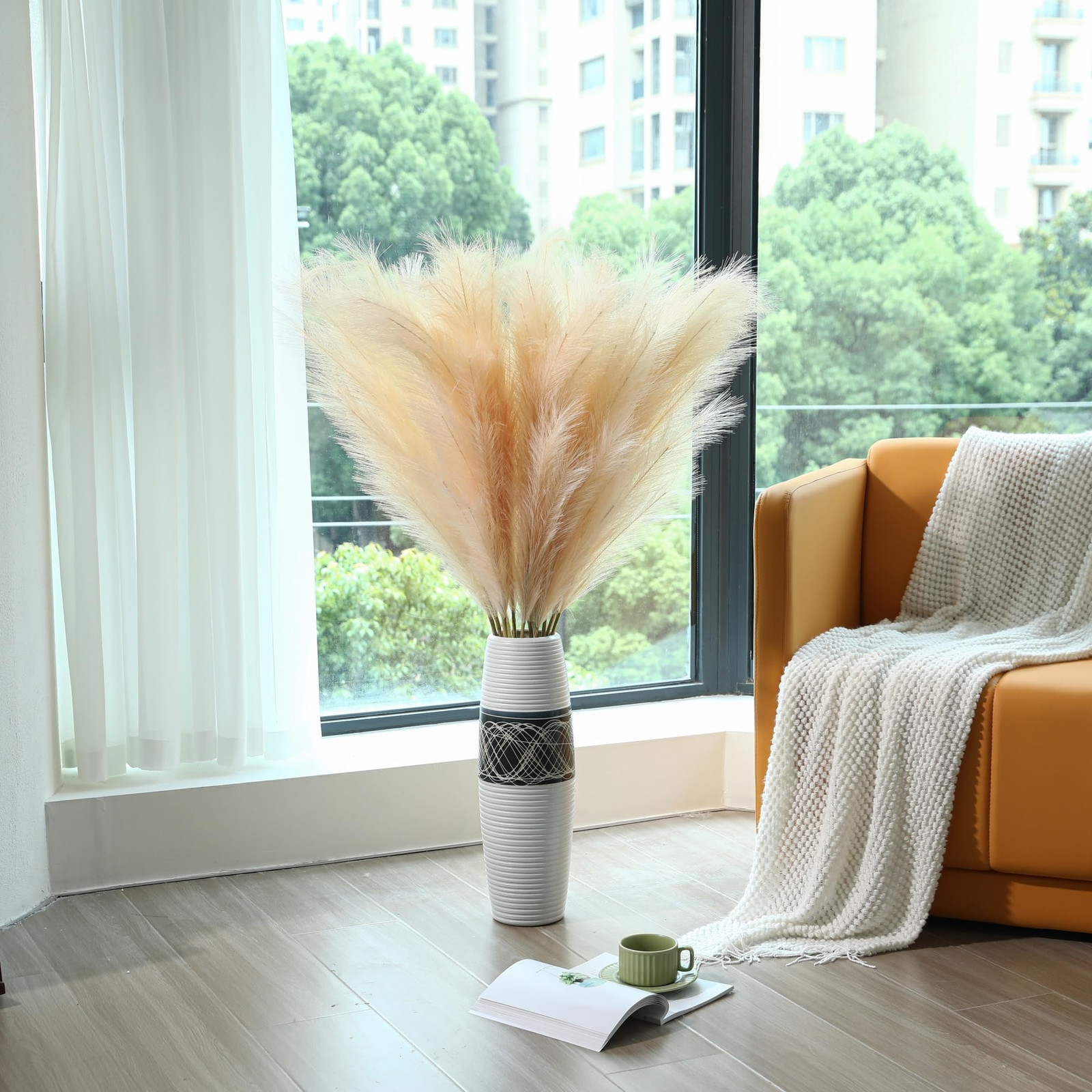 Champagne Faux Pampas Grass – 45-Inch Set of 8 | Boho Home Decor | Tall Artif…