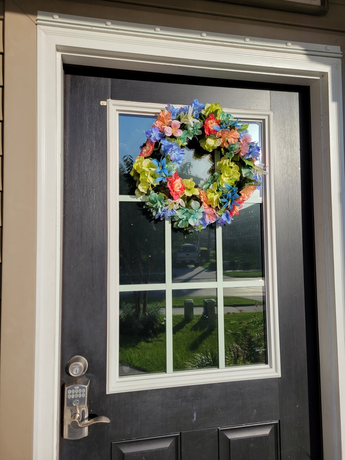 FLORAL one of a kind WREATH flowers Decor Front Door 16″ purple blue orange new
