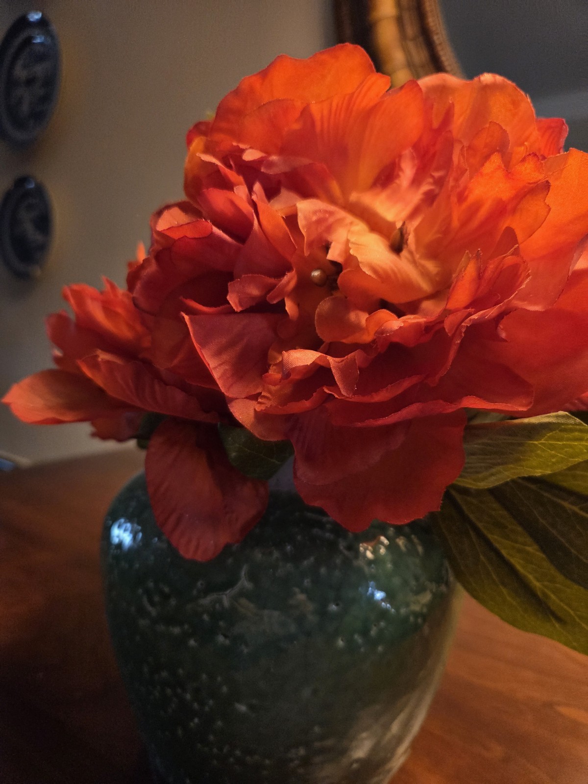 Jade Green Glazed POT With Red Peony Flowers, POT IS NEW FLOWERS REMOVEABLE